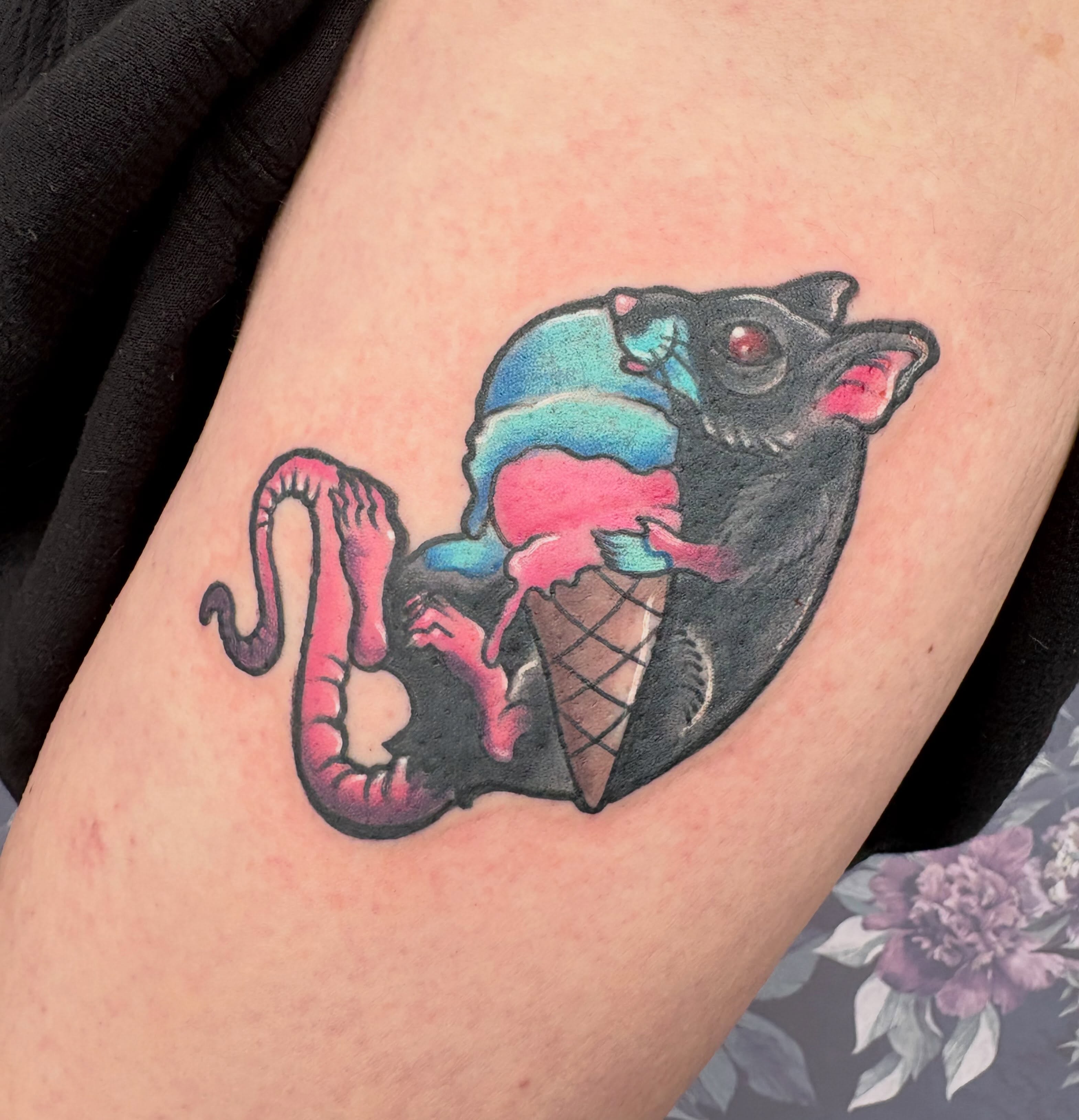 Chameleon eating ice cream American traditional tattoo on the forearm by Bre Alex