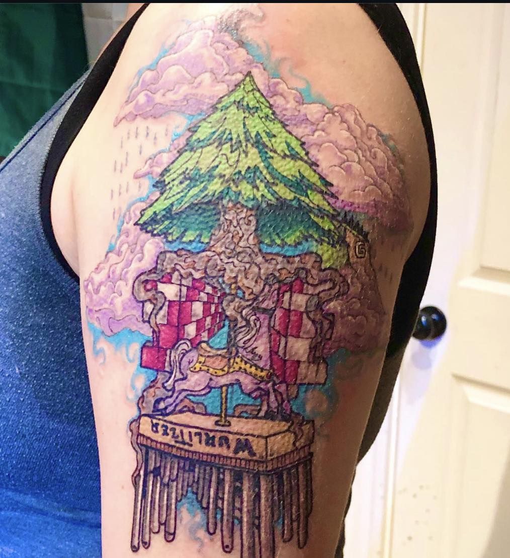 Carousel horse illustrative tattoo on the shoulder by Josh O’ + Bird ☘️ 🪶