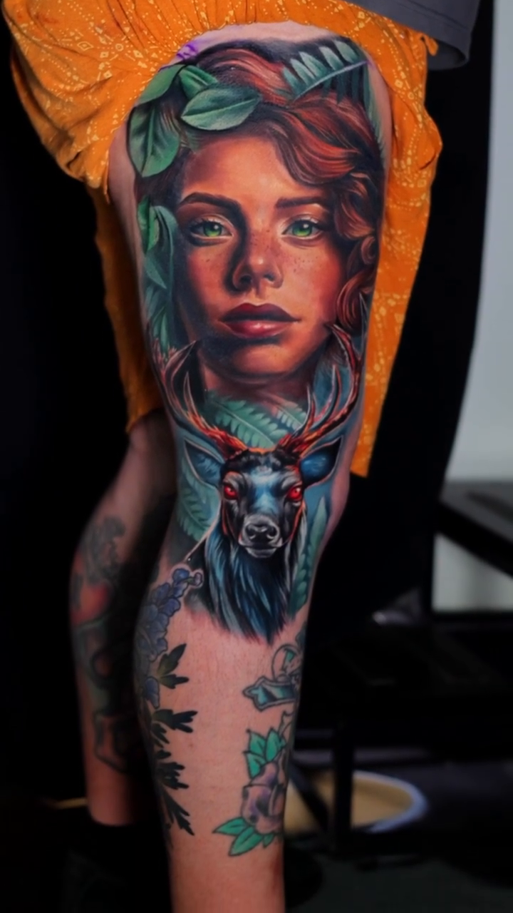 Woman with deer realism tattoo by Maryssa Anne