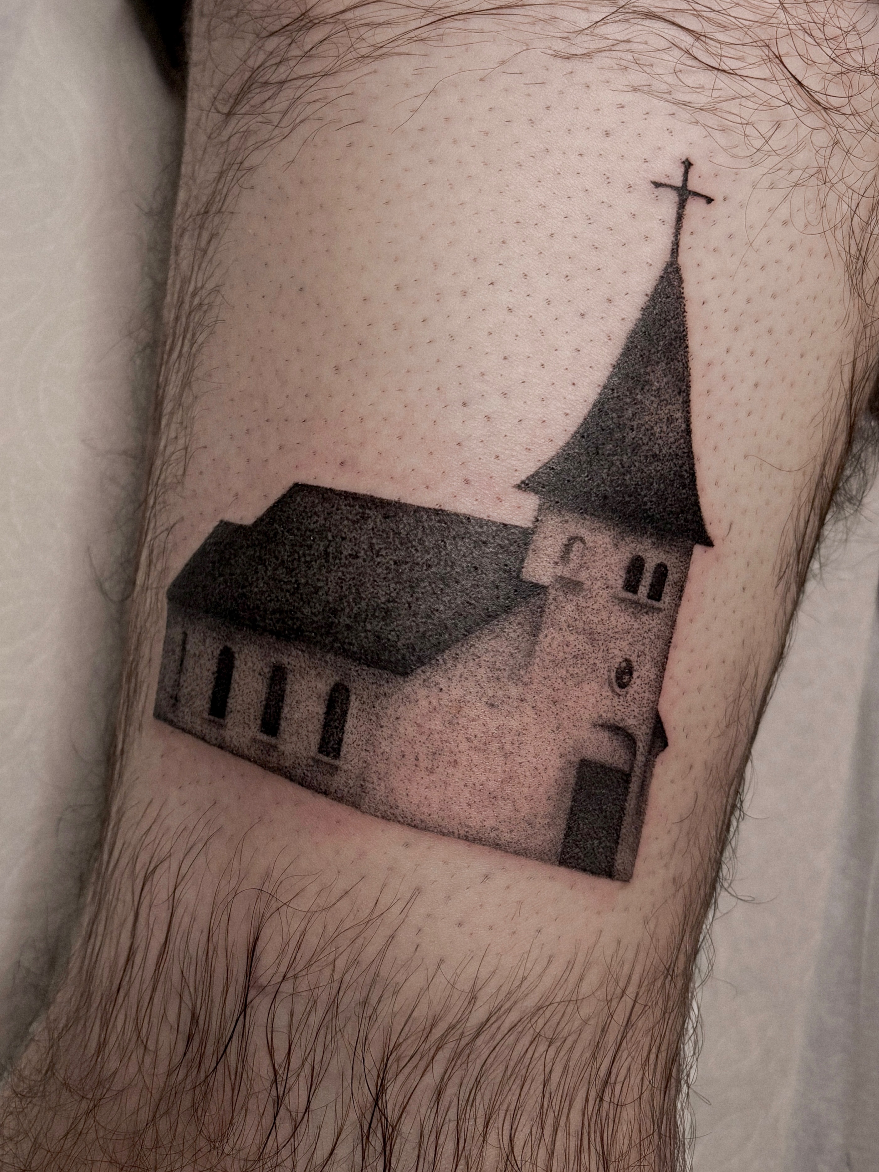 Church dotwork tattoo on the forearm by laika ✶ pdx tattoo, Portland, Oregon