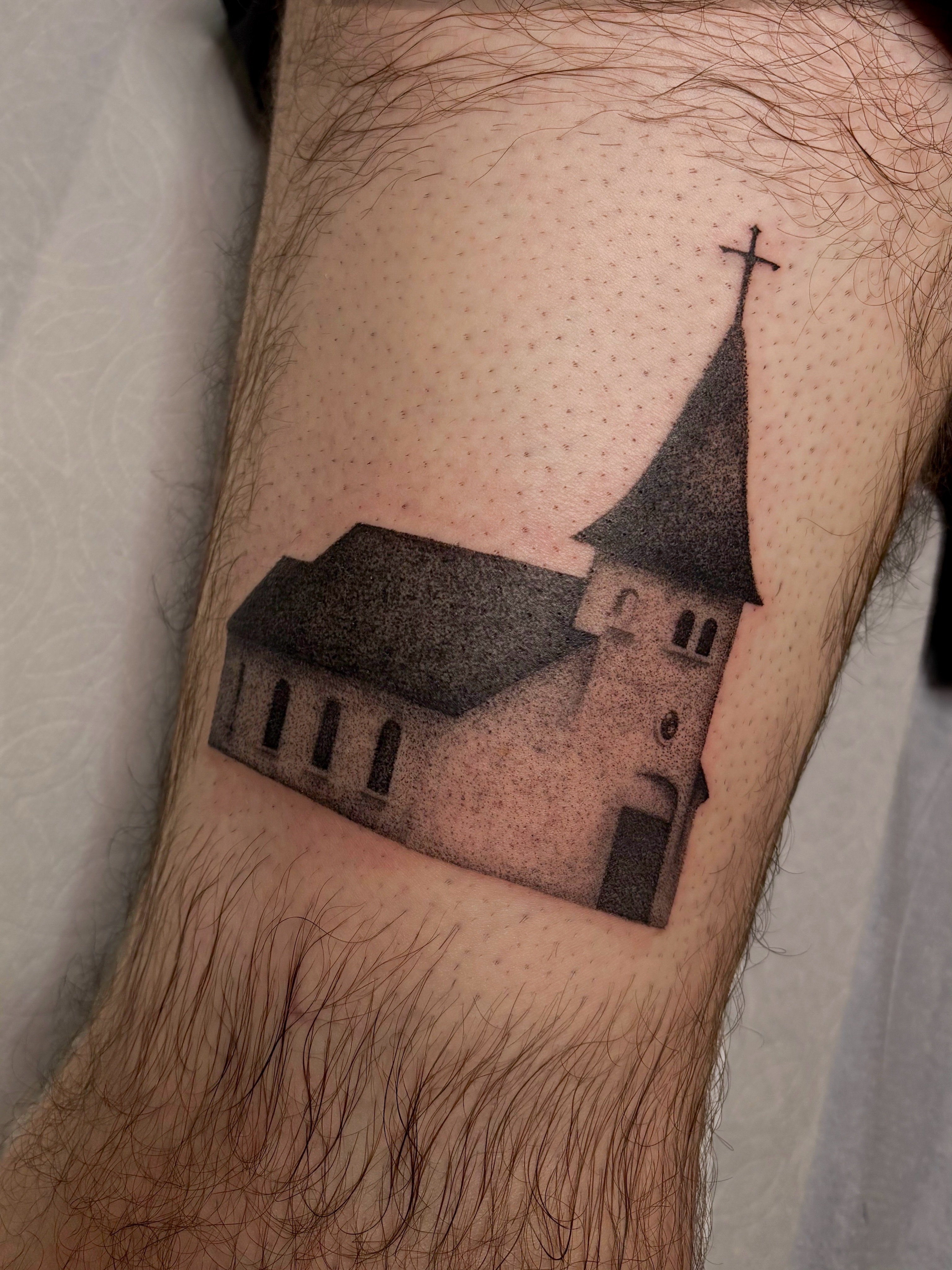 Church dotwork tattoo on the forearm by laika ✶ pdx tattoo, Portland, Oregon