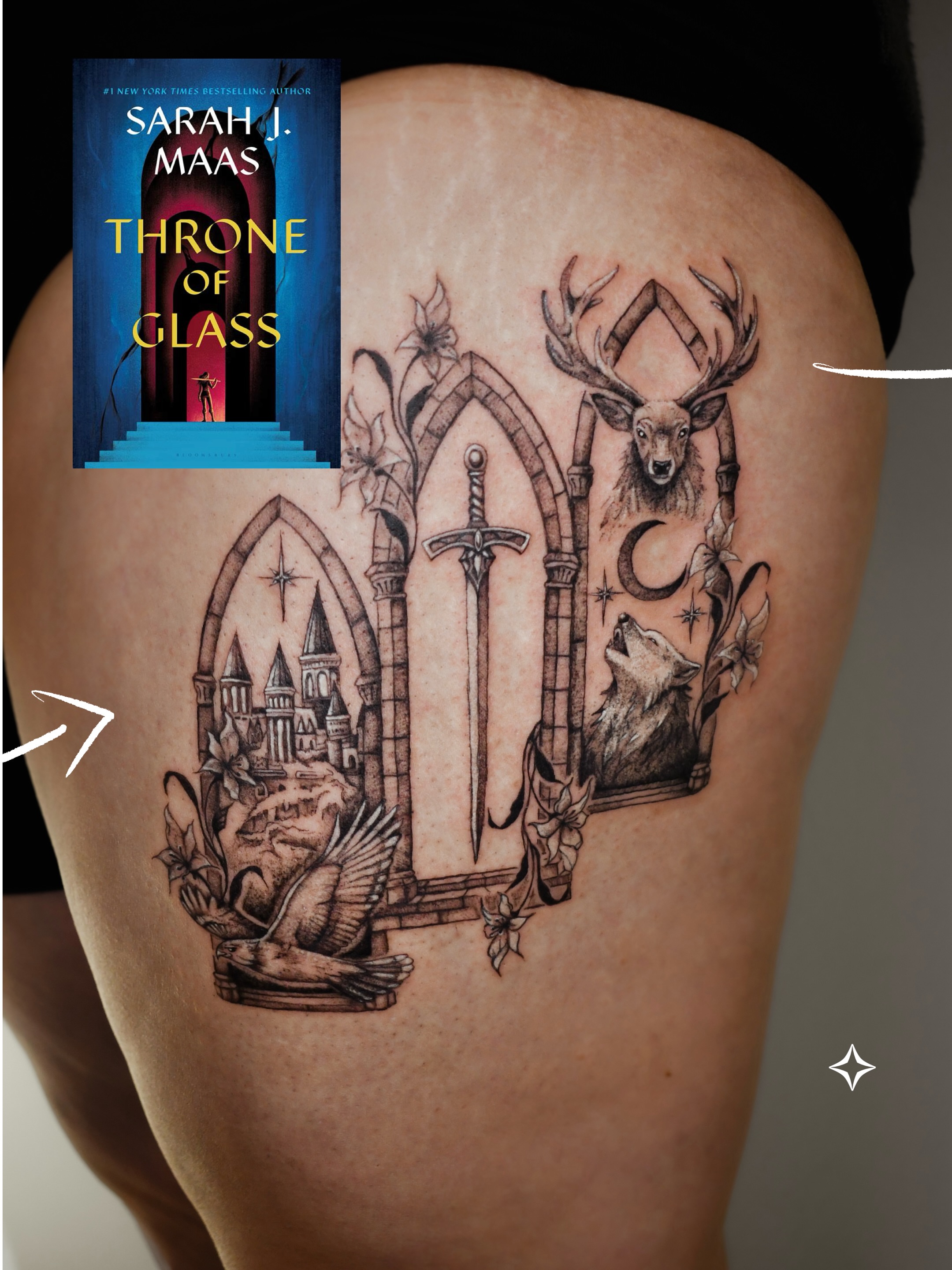 Castle, sword, stag, wolf, moon, star black and grey tattoo on the thigh by 𝐇𝐚𝐫𝐩𝐞𝐫