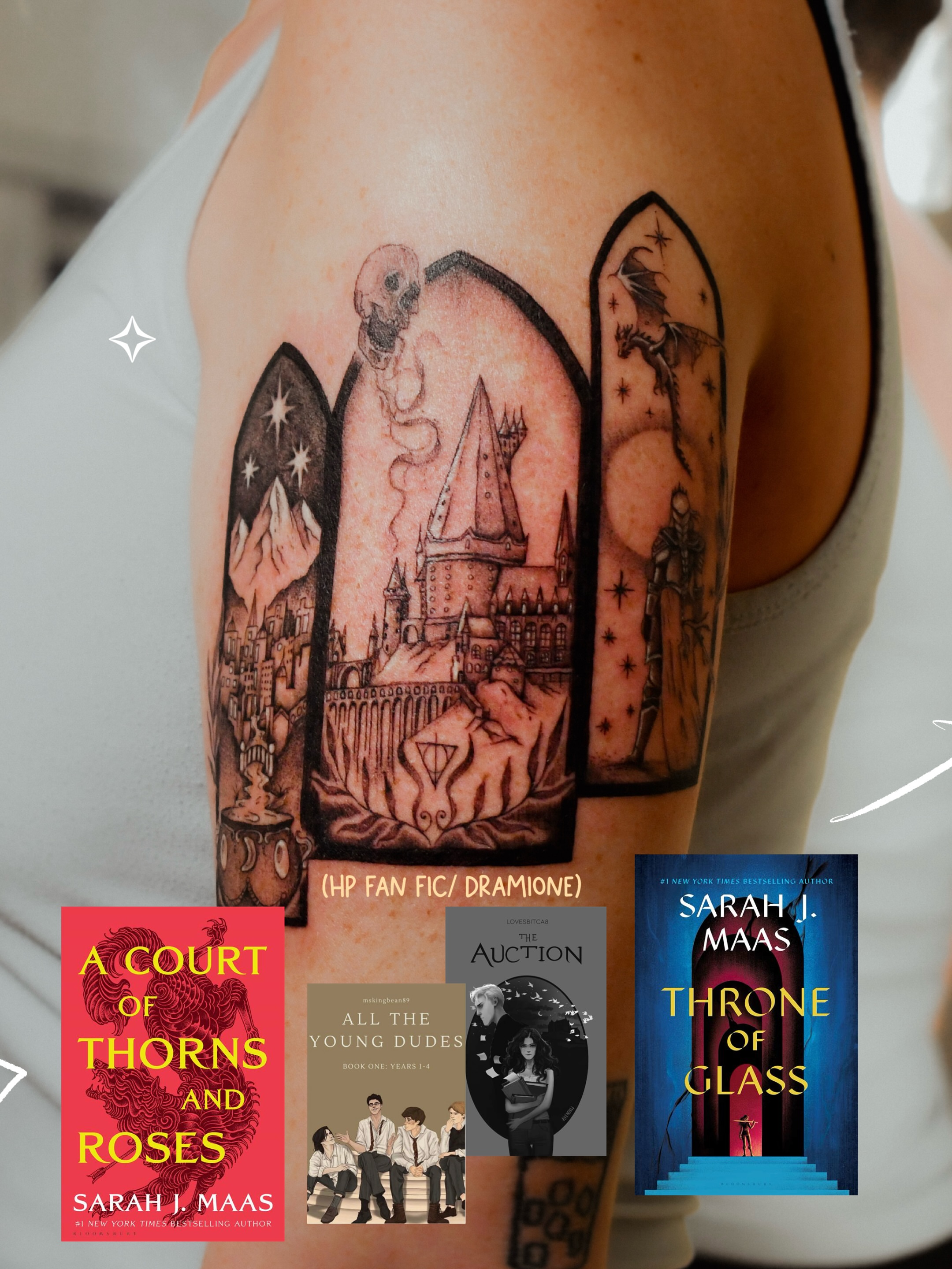 Hogwarts castle illustrative tattoo on the shoulder by 𝐇𝐚𝐫𝐩𝐞𝐫