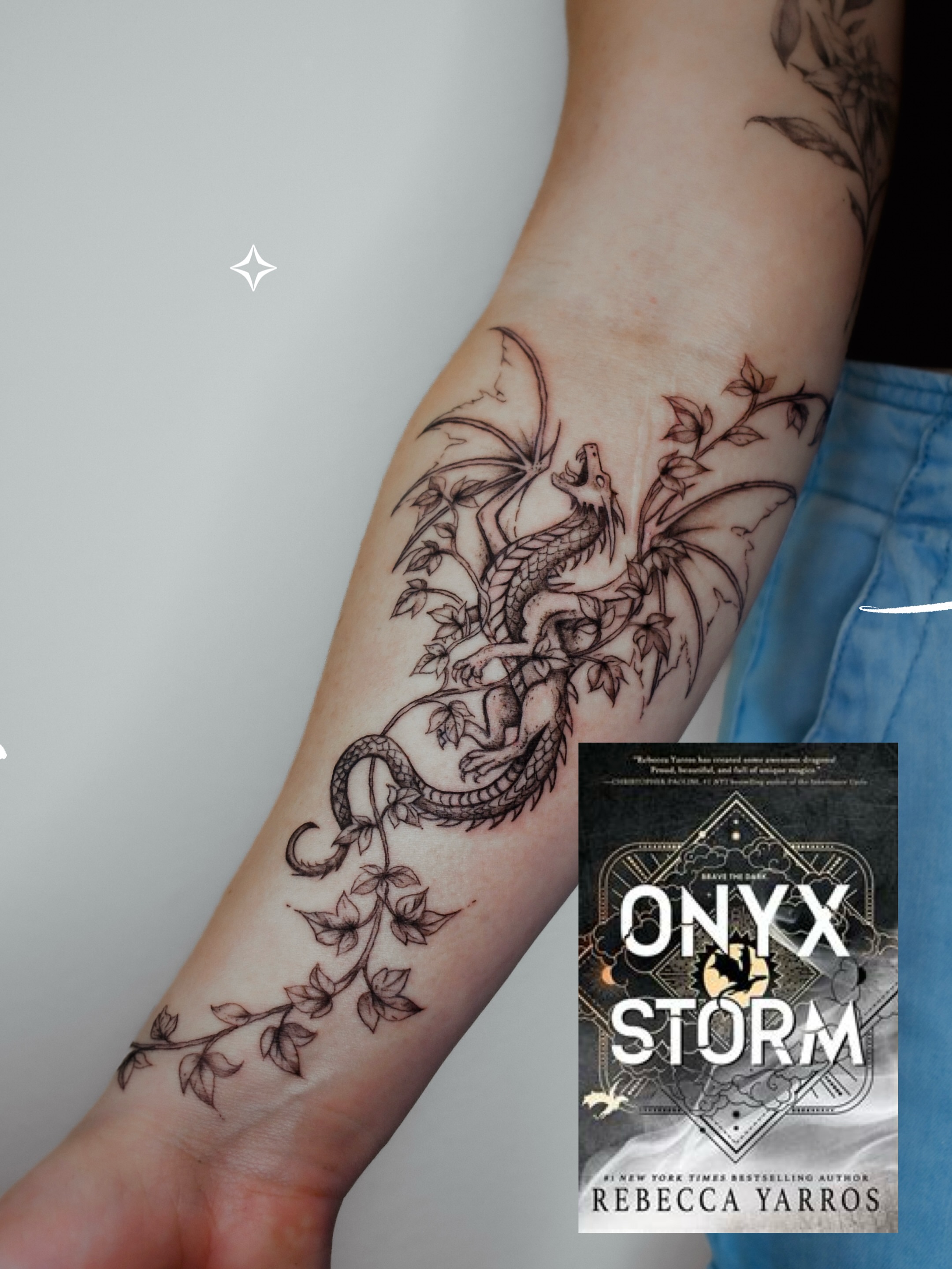 Dragon and leaves black and grey tattoo on the forearm by 𝐇𝐚𝐫𝐩𝐞𝐫