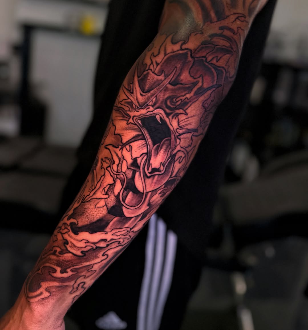 Dragon dotwork tattoo on the forearm by Melissa "Lotuss" Chan