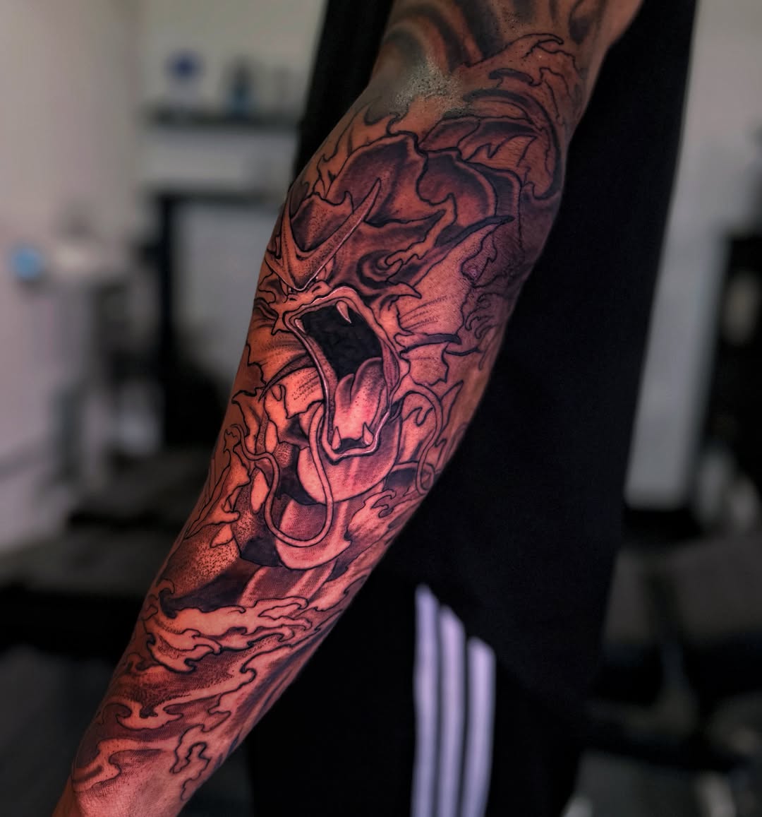 Dragon dotwork tattoo on the forearm by Melissa "Lotuss" Chan