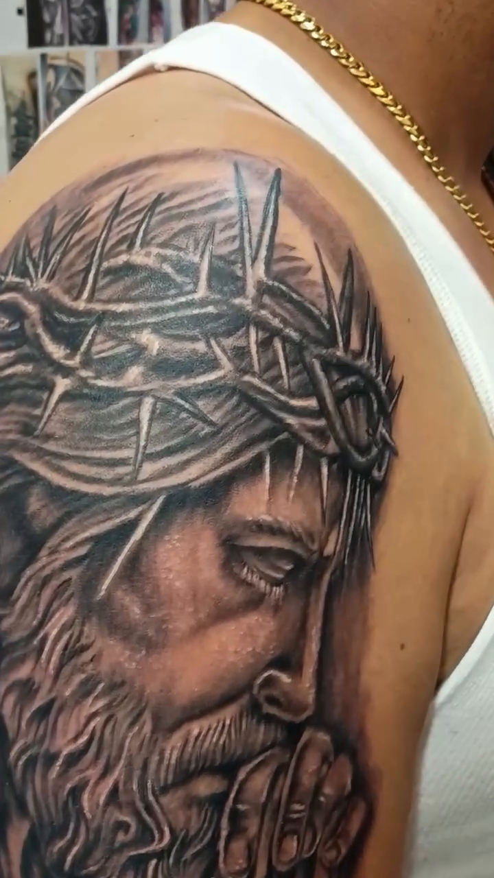 Jesus Christ Chicano tattoo on the shoulder by Jose Onasis Disla, New York, New York