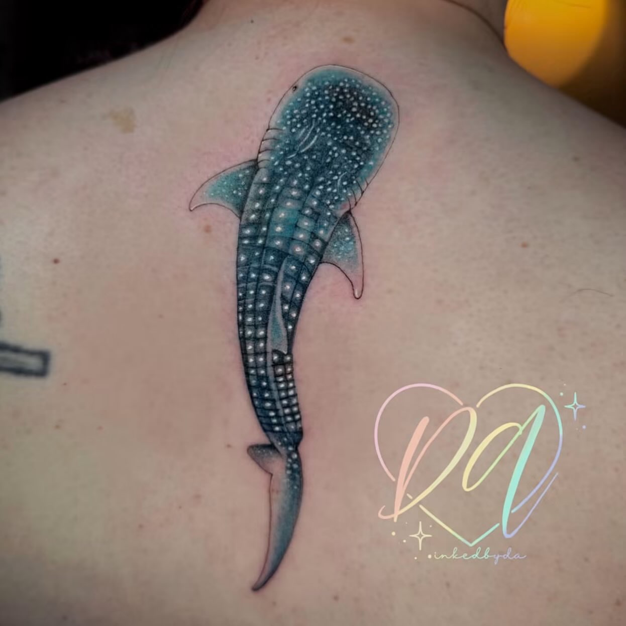 Whale shark dotwork tattoo on the back by Dalton Alexandria