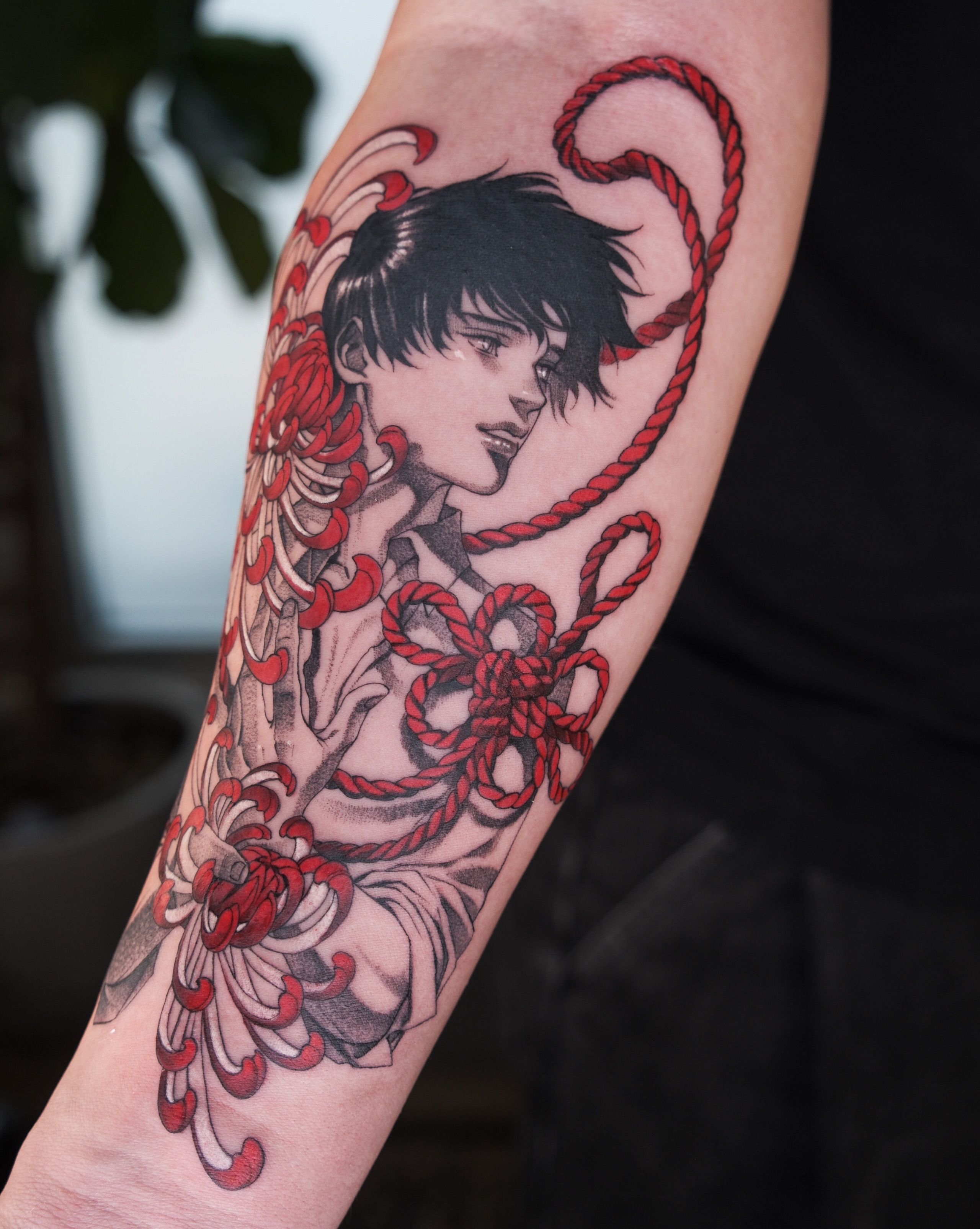 Geisha with rope japanese irezumi tattoo on the forearm by Hemi 혜미타투