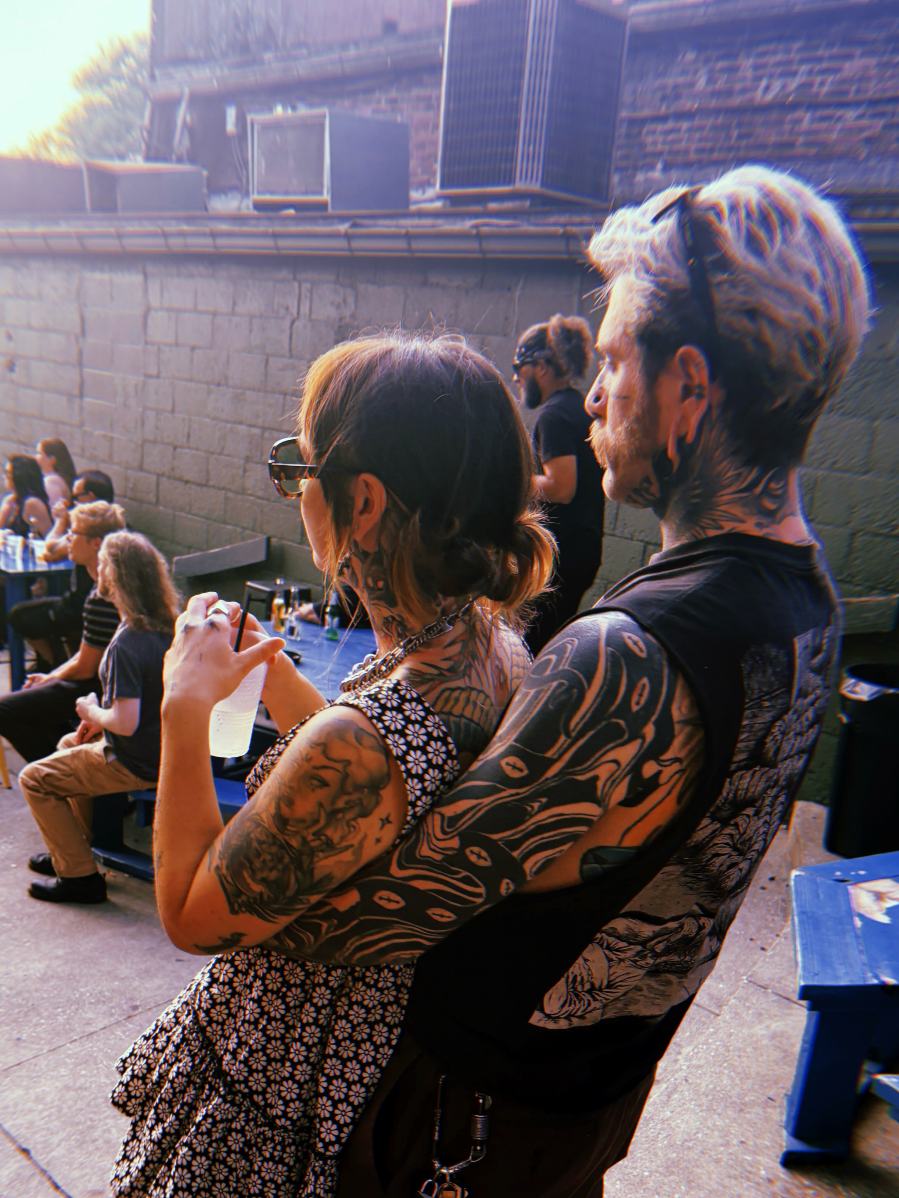 Tattooed couple black and grey tattoo on the torso by Allyson Blessing Tattoos