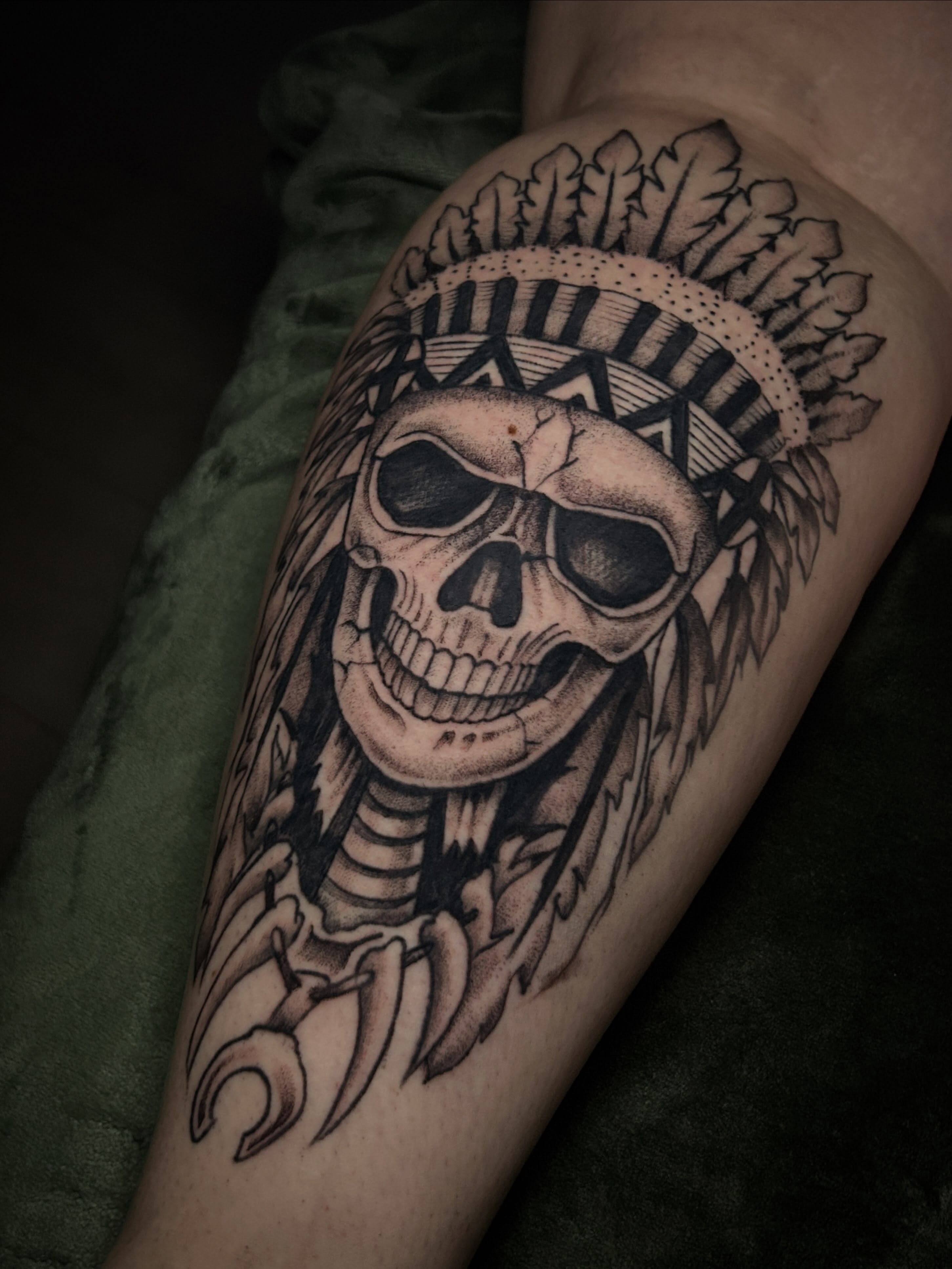 Skull with headdress realism tattoo on the forearm by Marky