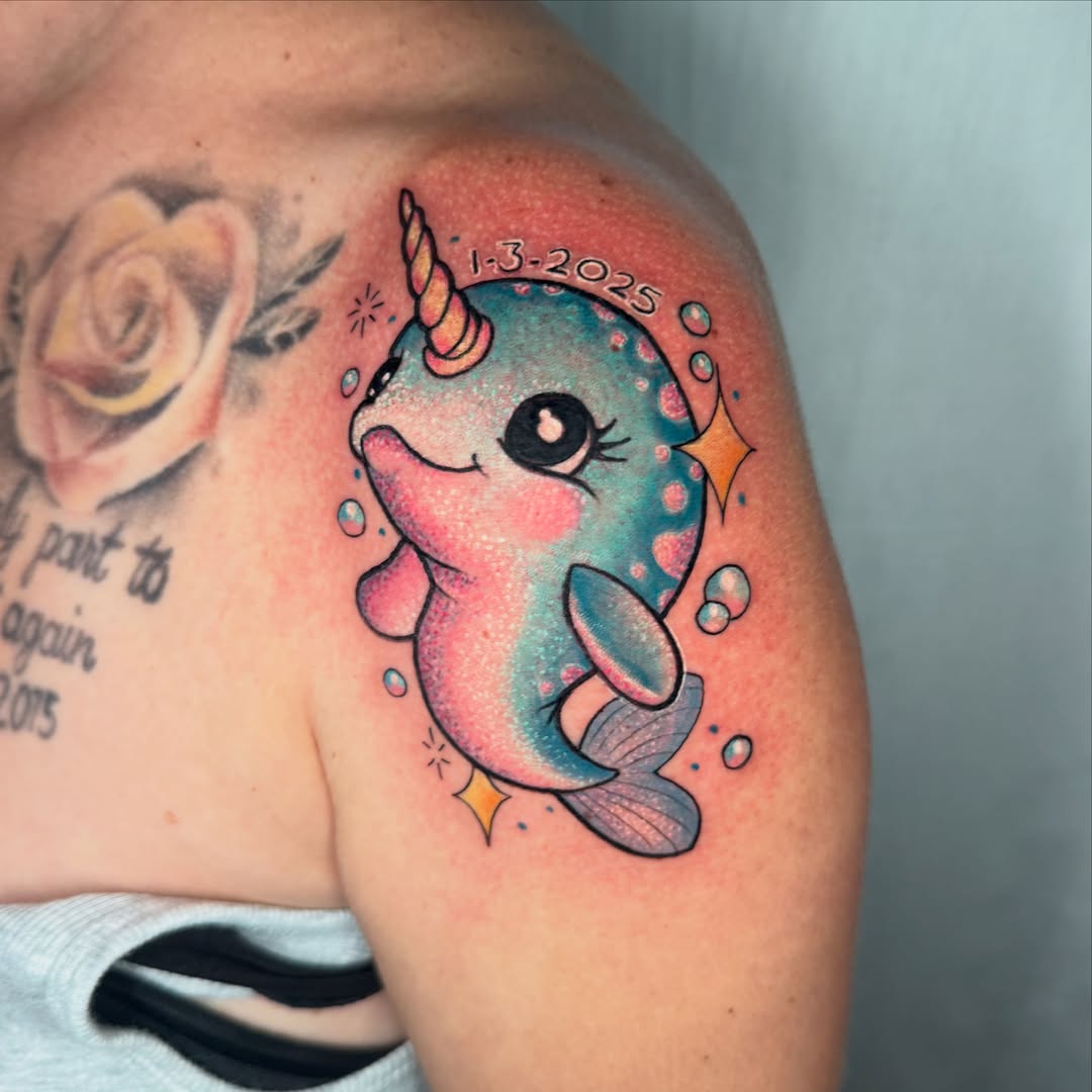 Narwhal dotwork tattoo on the shoulder by Missi Blue