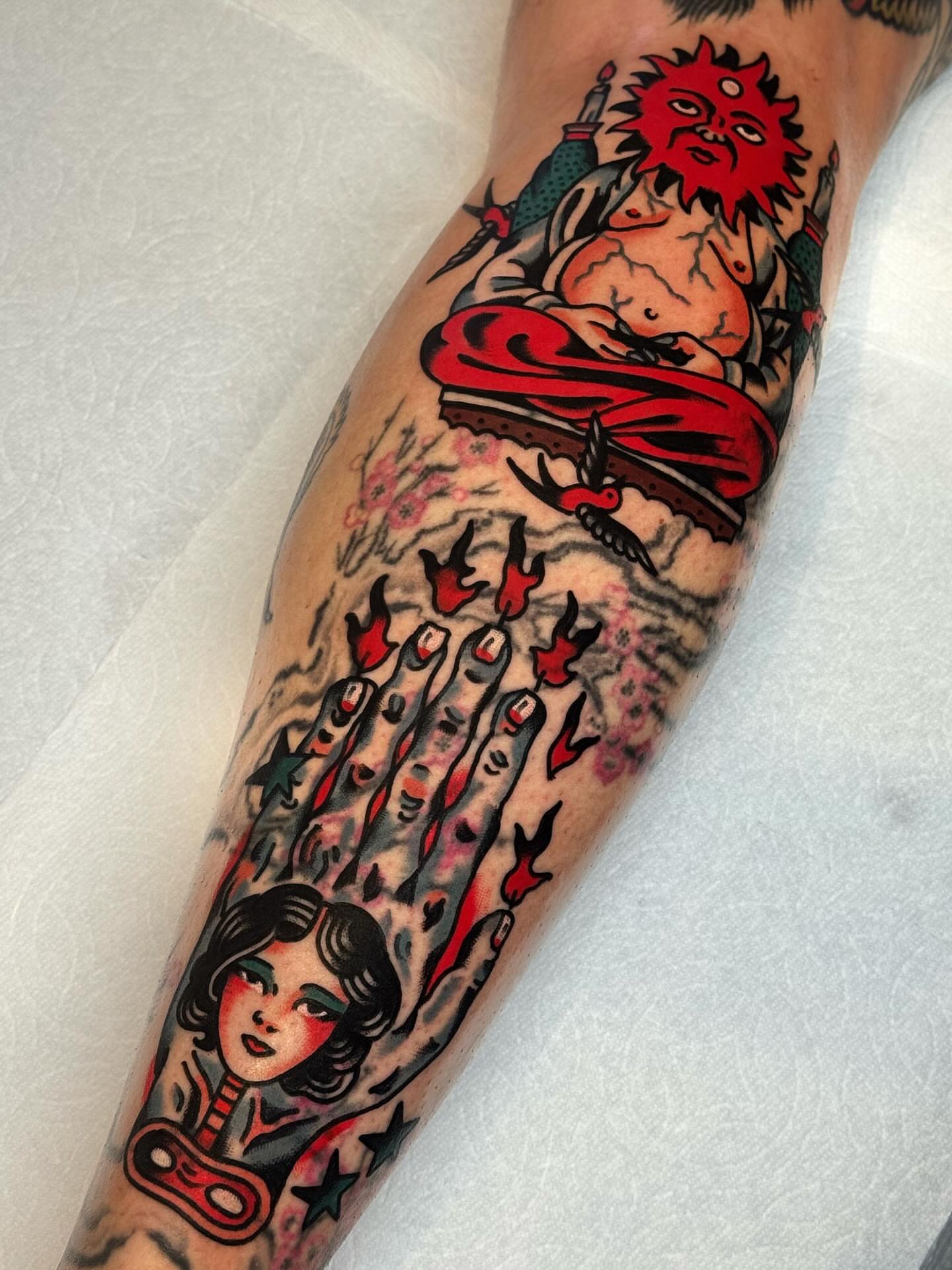 Female figure with hands reaching American traditional tattoo on the forearm by Bryce Shearer