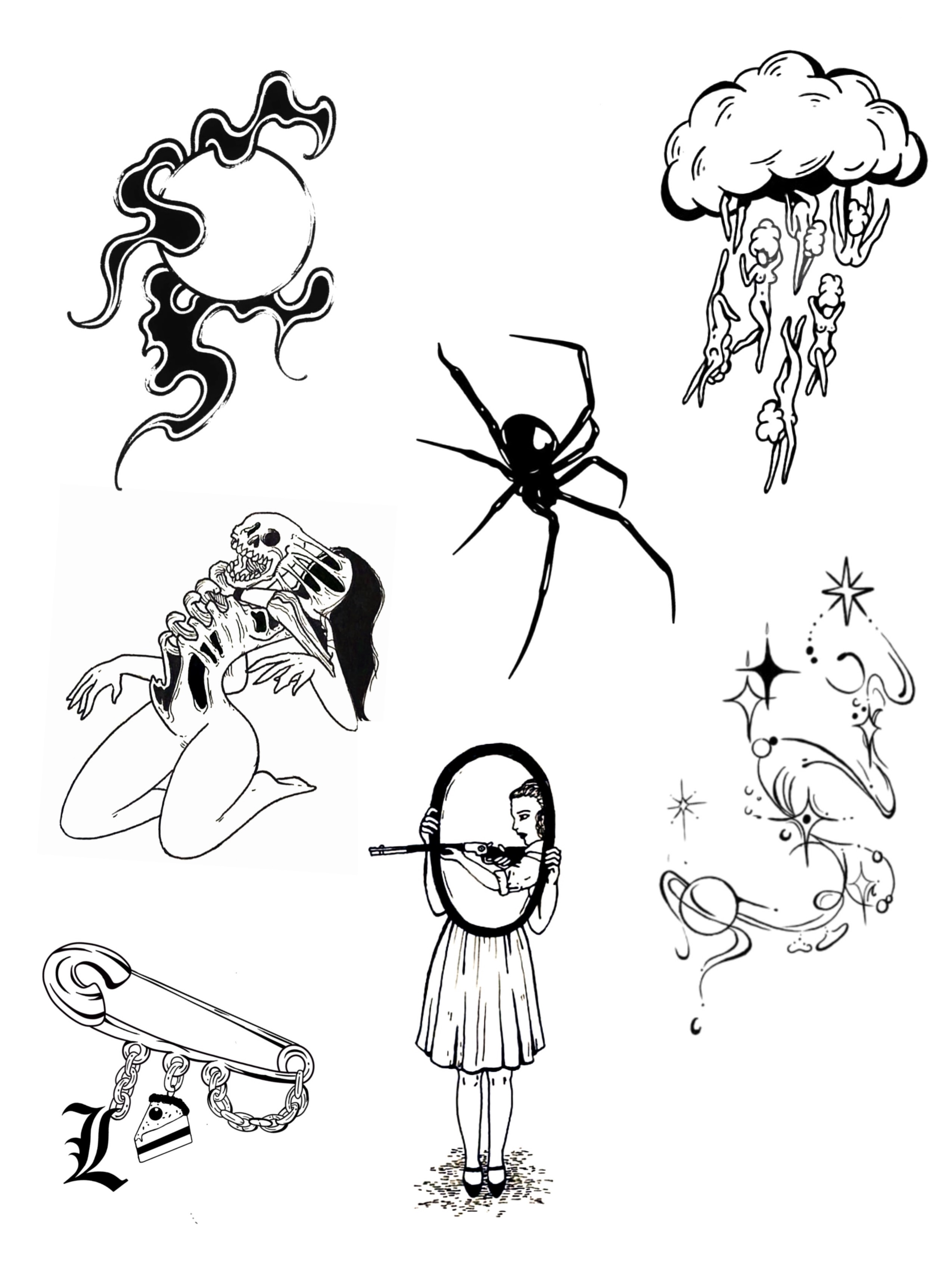 Various motifs black and grey tattoo by Room 707 Tattoo 🍰🍓