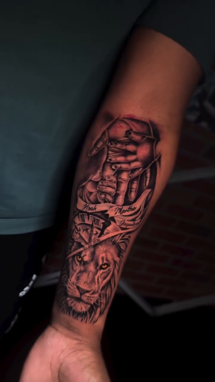 Elephant head and lion head Chicano tattoo on the forearm by Andres Calvo🇺🇸🇨🇴