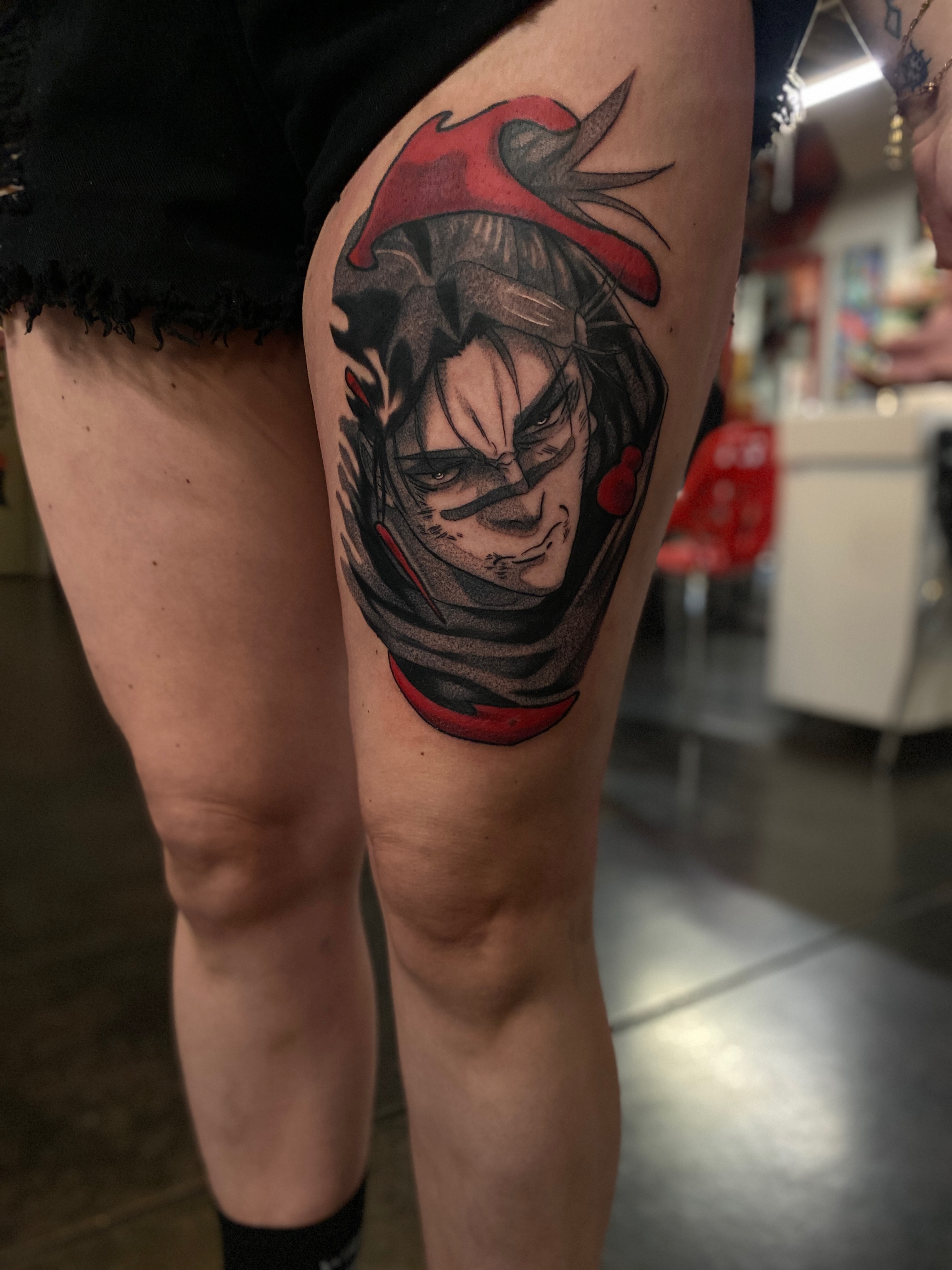 Anime character anime tattoo on the thigh by Kyle The Cartoon Guy
