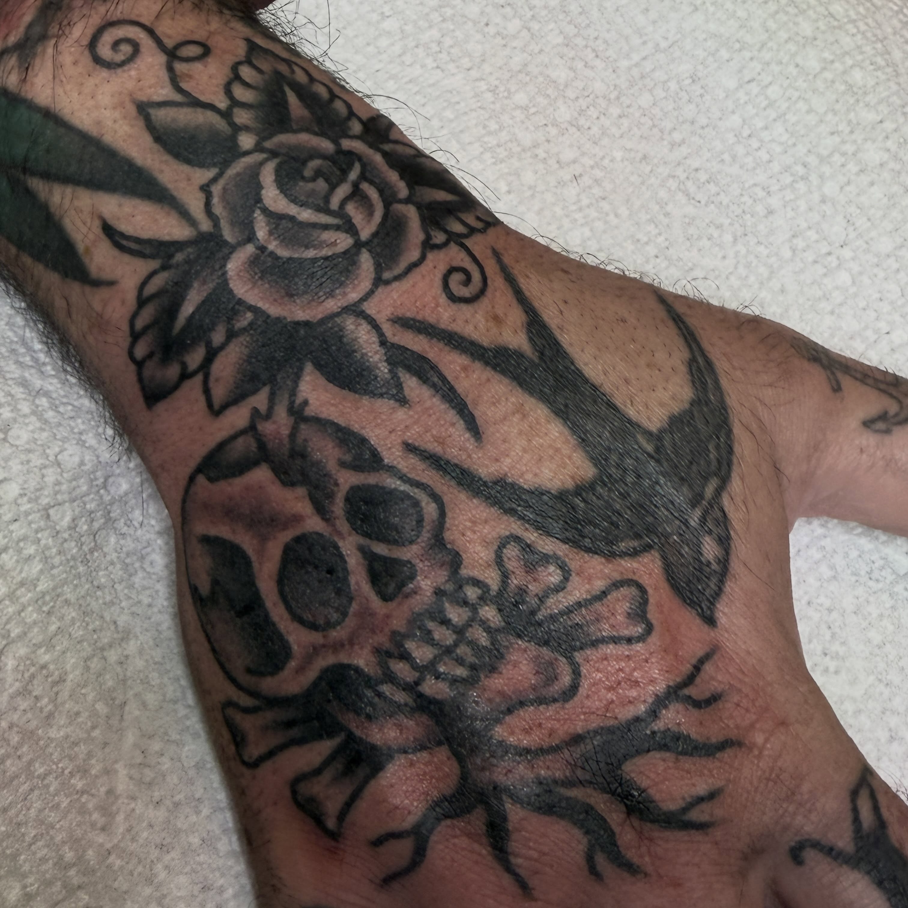 Skull and swallow American traditional tattoo on the forearm by 🩸 𝓢𝔂𝓵𝓿𝓲𝓮 🩸 ▪︎ 𝕯𝖊𝖓𝖛𝖊𝖗 𝕿𝖆𝖙𝖙𝖔𝖔𝖊𝖗 ▪︎