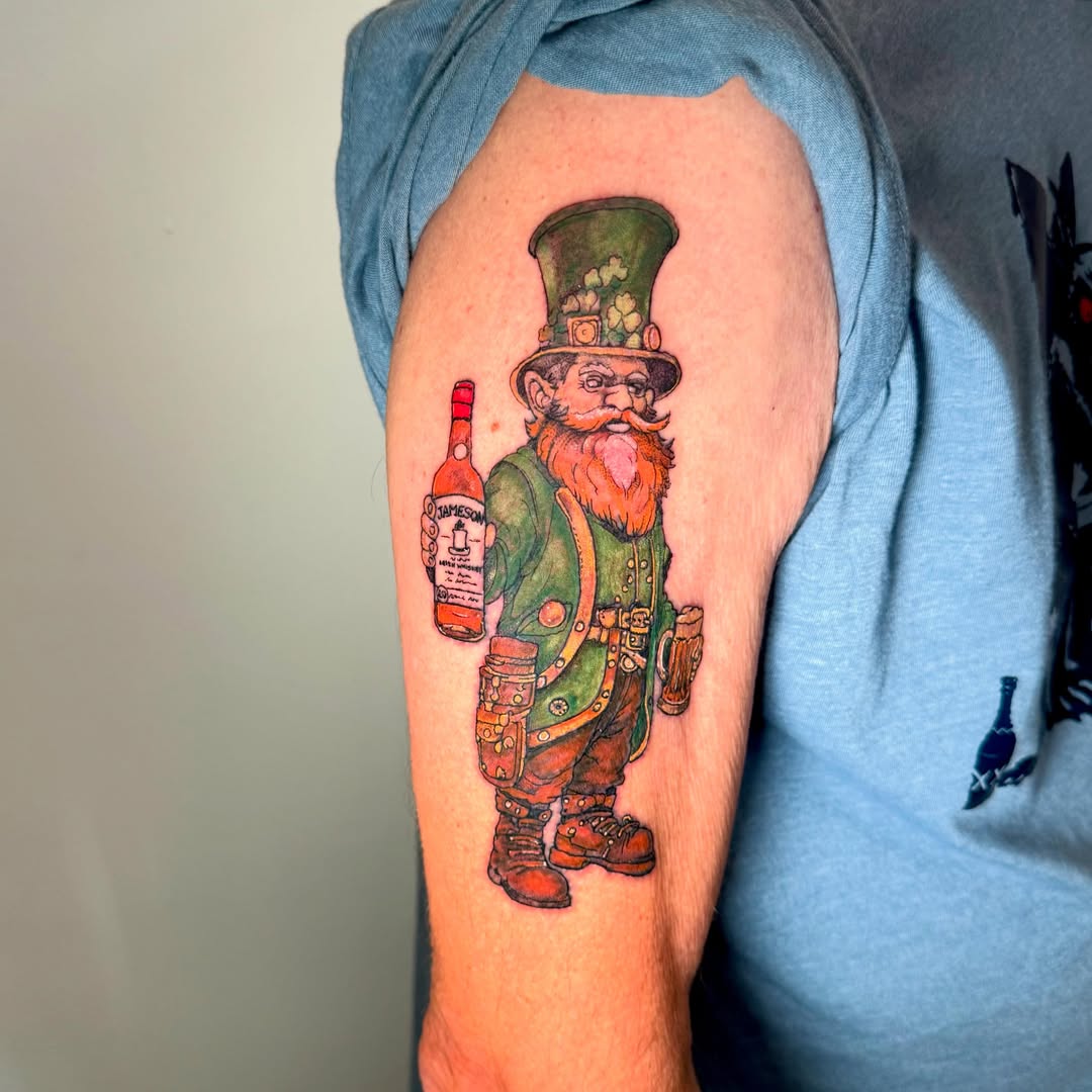 Leprechaun American traditional tattoo on the forearm by C.J. Pennington