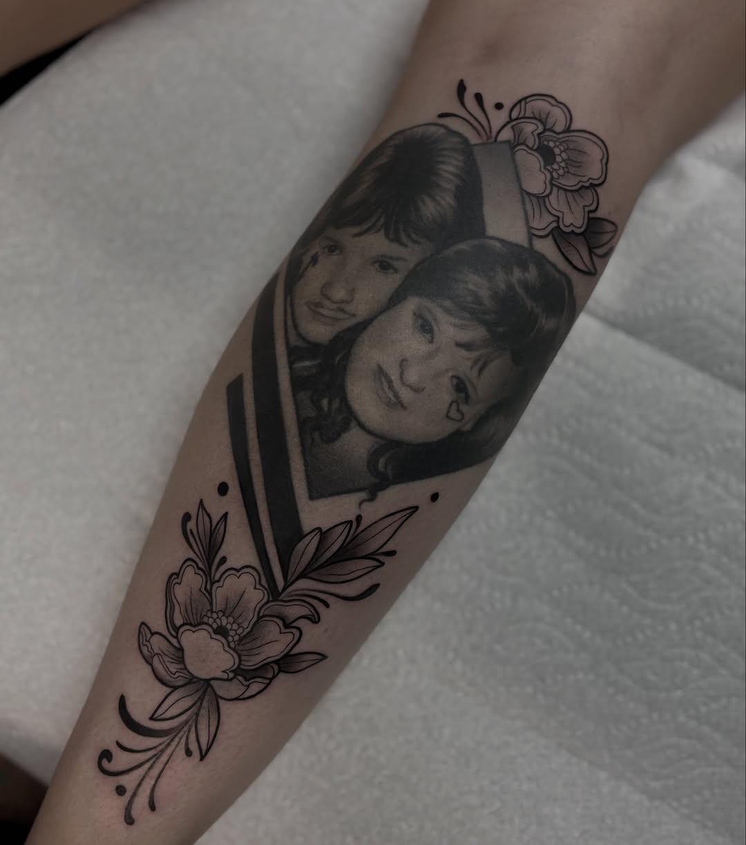 Portrait black and grey tattoo on the forearm by Genevieve Ehlers, Denver, Colorado