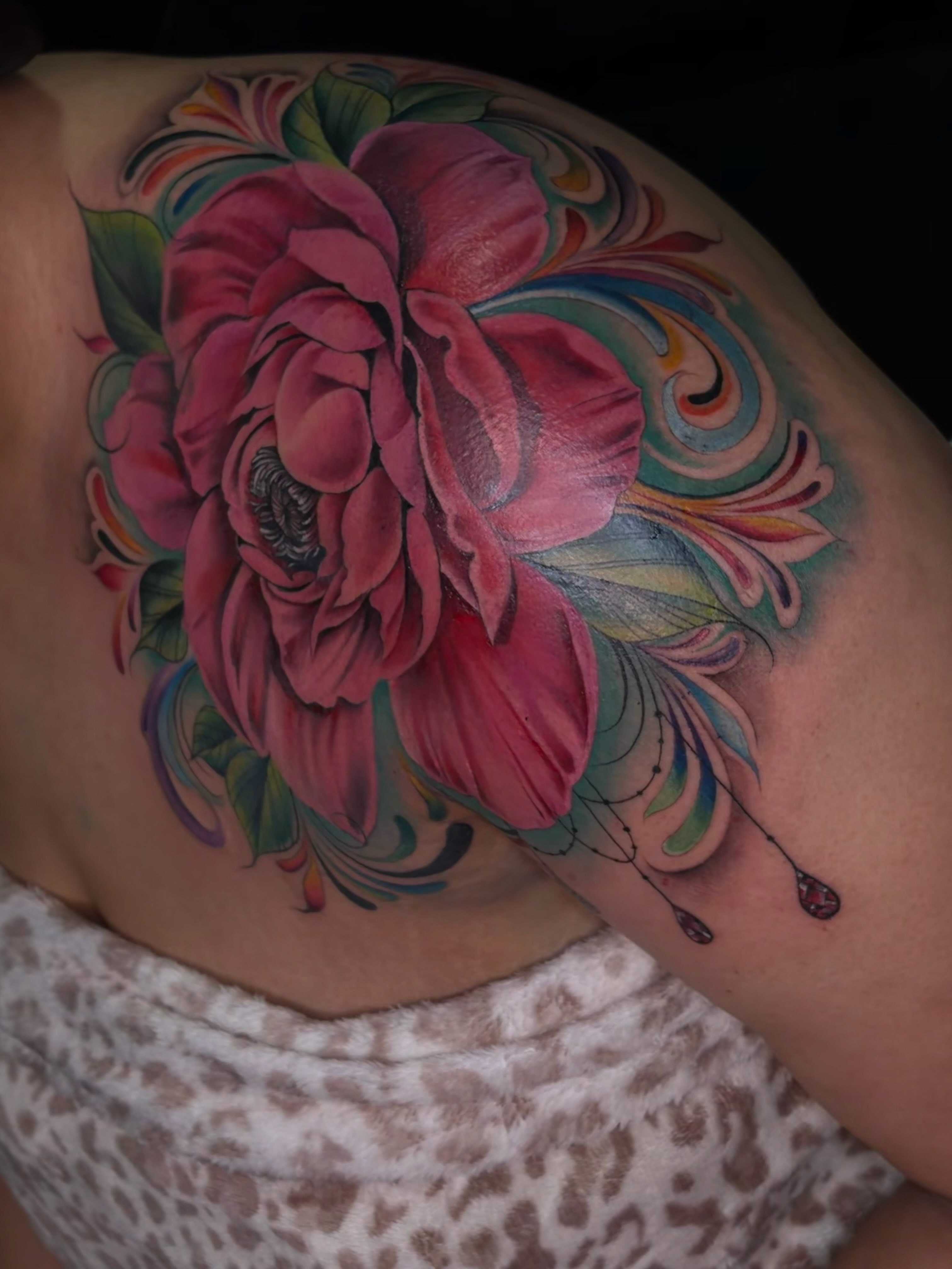 Peony flower realism tattoo on the shoulder by Tattedbytrinn