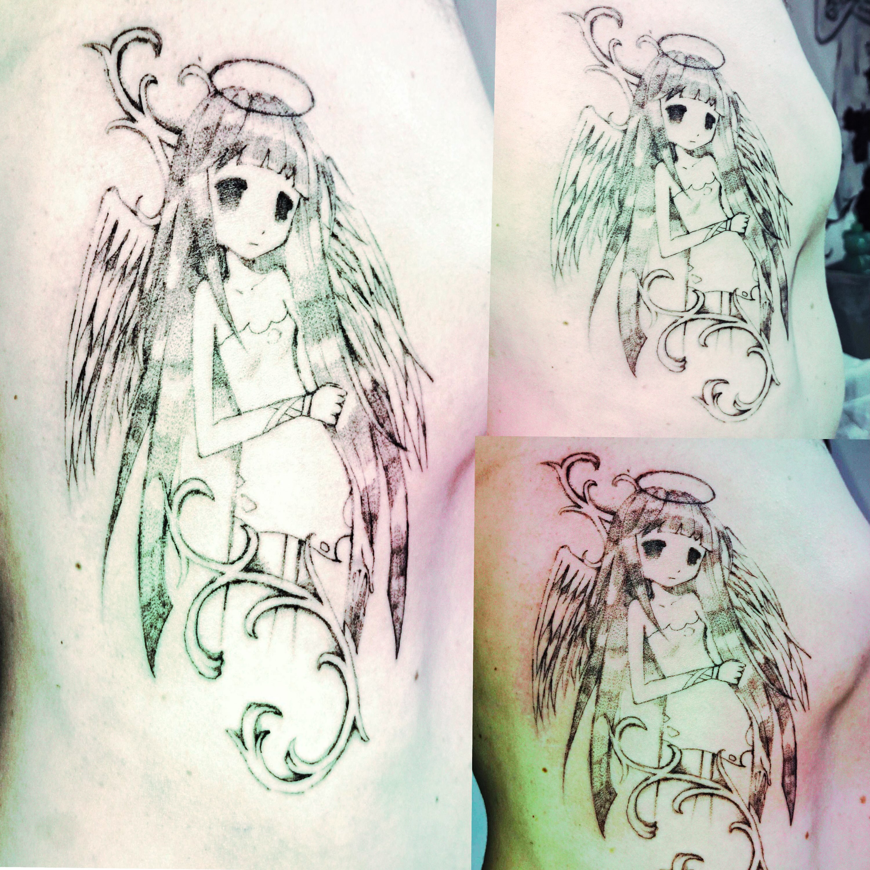 Angelic girl anime tattoo on the thigh by hallowed girl tattoo