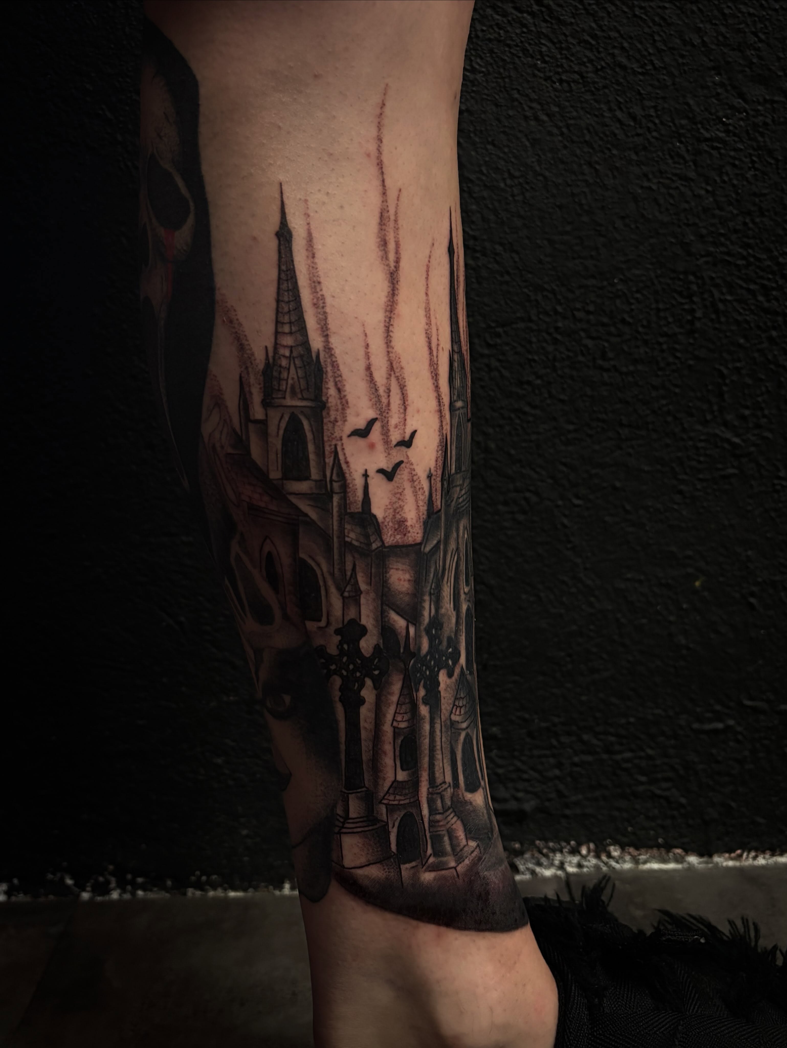Castle ruins realism tattoo on the forearm by Tattoo Artist Lilliann:)