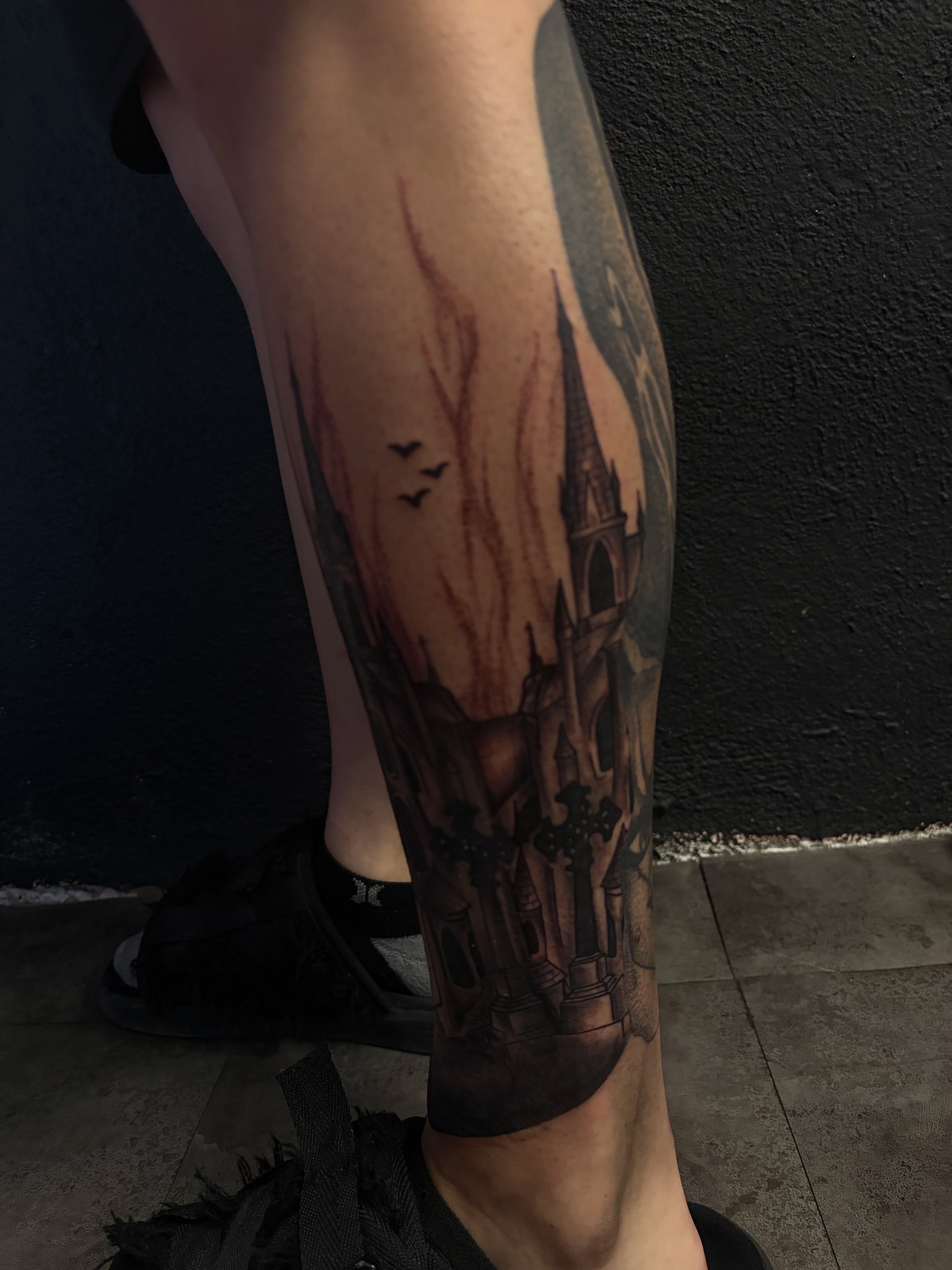 Church and crows realism tattoo on the calf by Tattoo Artist Lilliann:)