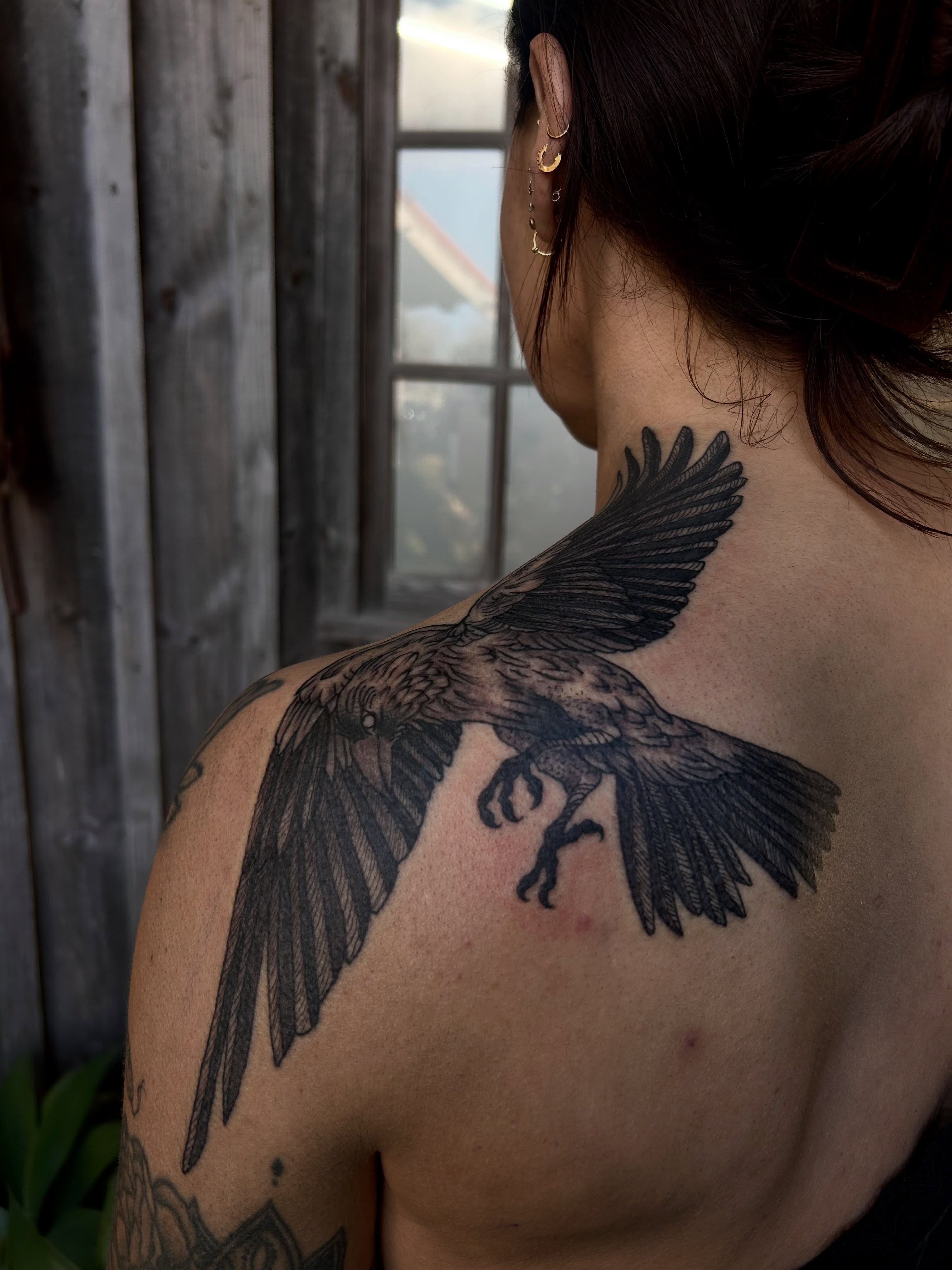 Crow black and grey tattoo on the shoulder by Amara Lyons, Matakana, New Zealand