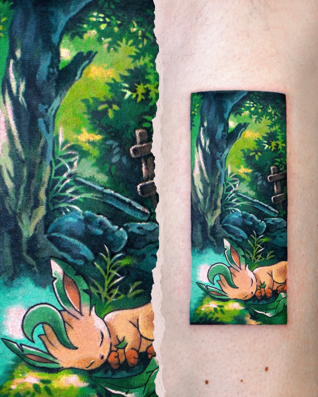 Sleeping rabbit illustrative tattoo on the forearm by Eden