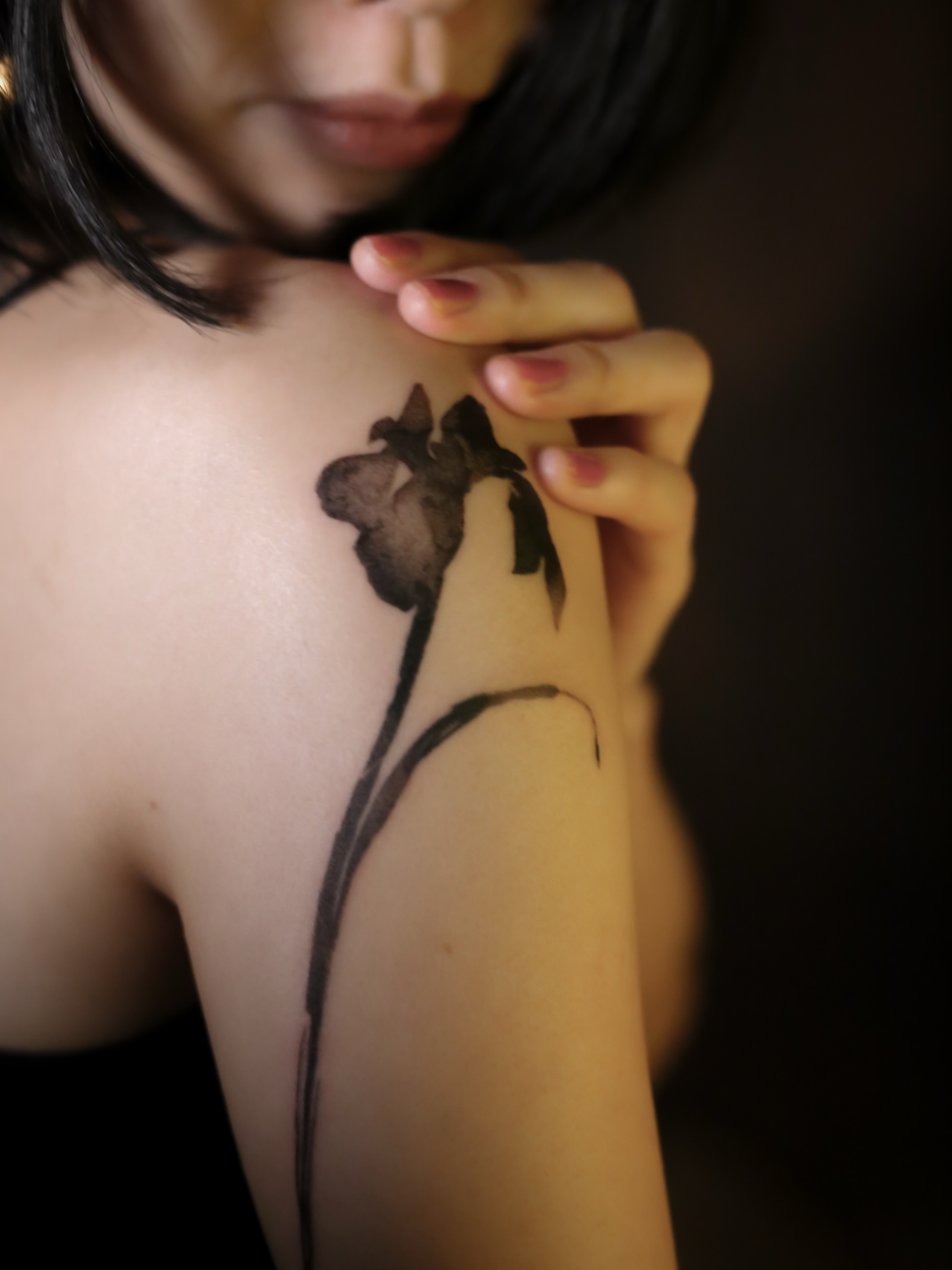 Iris black and grey tattoo on the shoulder by Blight