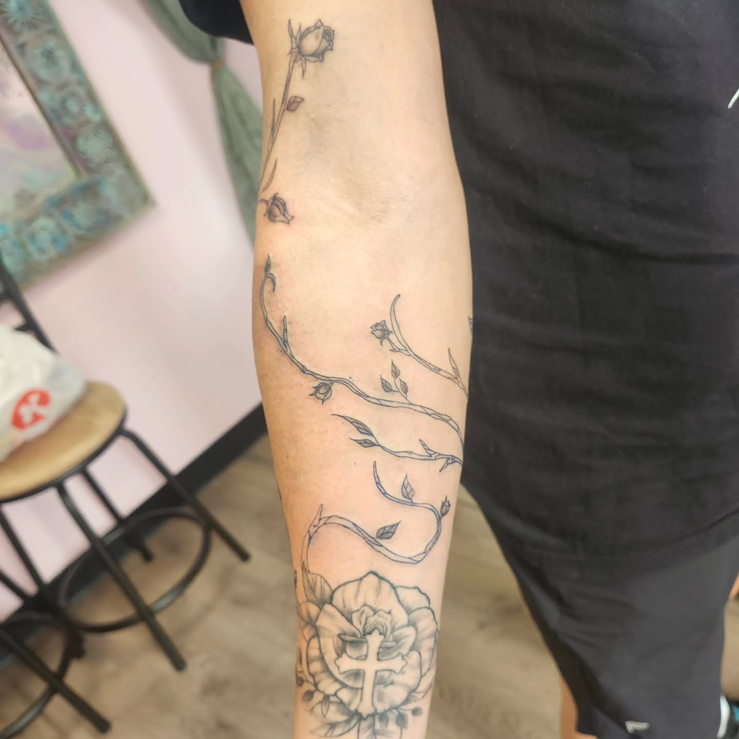 Flower and cross black and grey tattoo on the forearm by Meredith 🎈 Tattoo the Bride ✝️