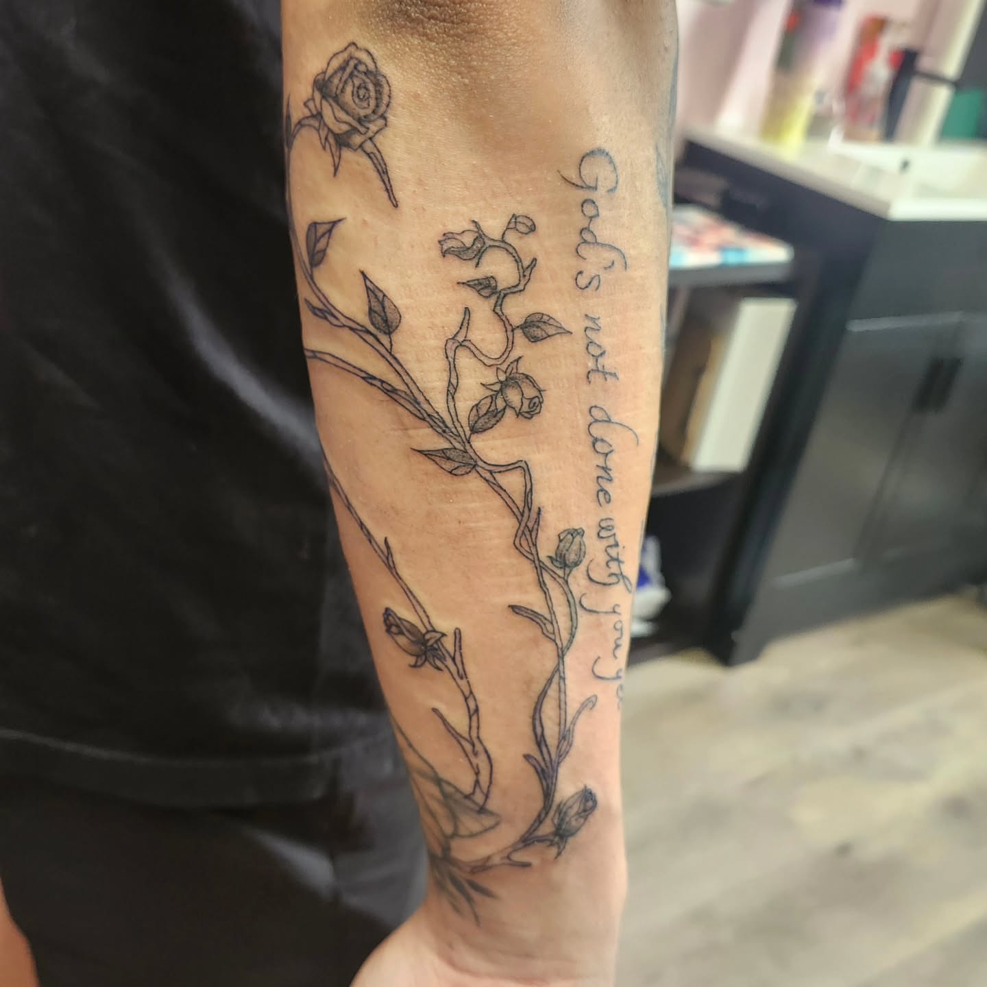 Roses and script black and grey tattoo on the forearm by Meredith 🎈 Tattoo the Bride ✝️