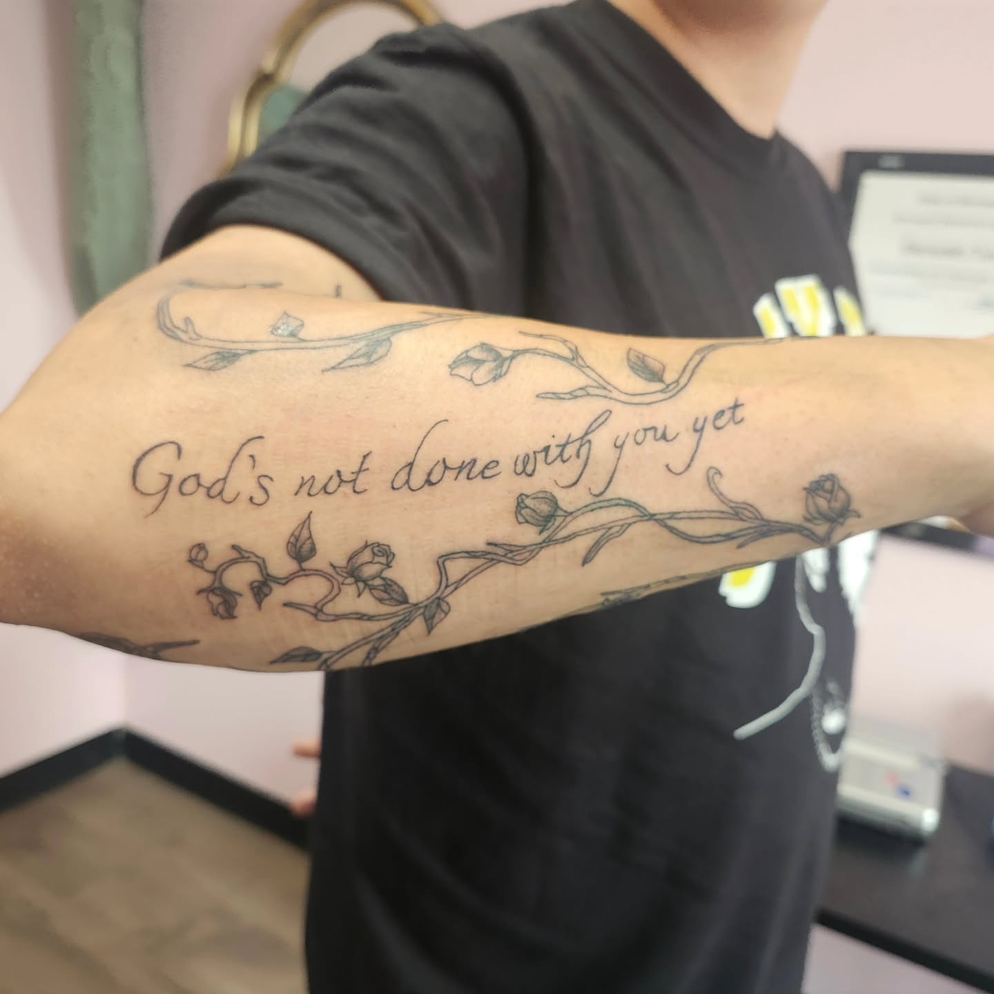 God's not done with you yet black and grey tattoo on the forearm by Meredith 🎈 Tattoo the Bride ✝️