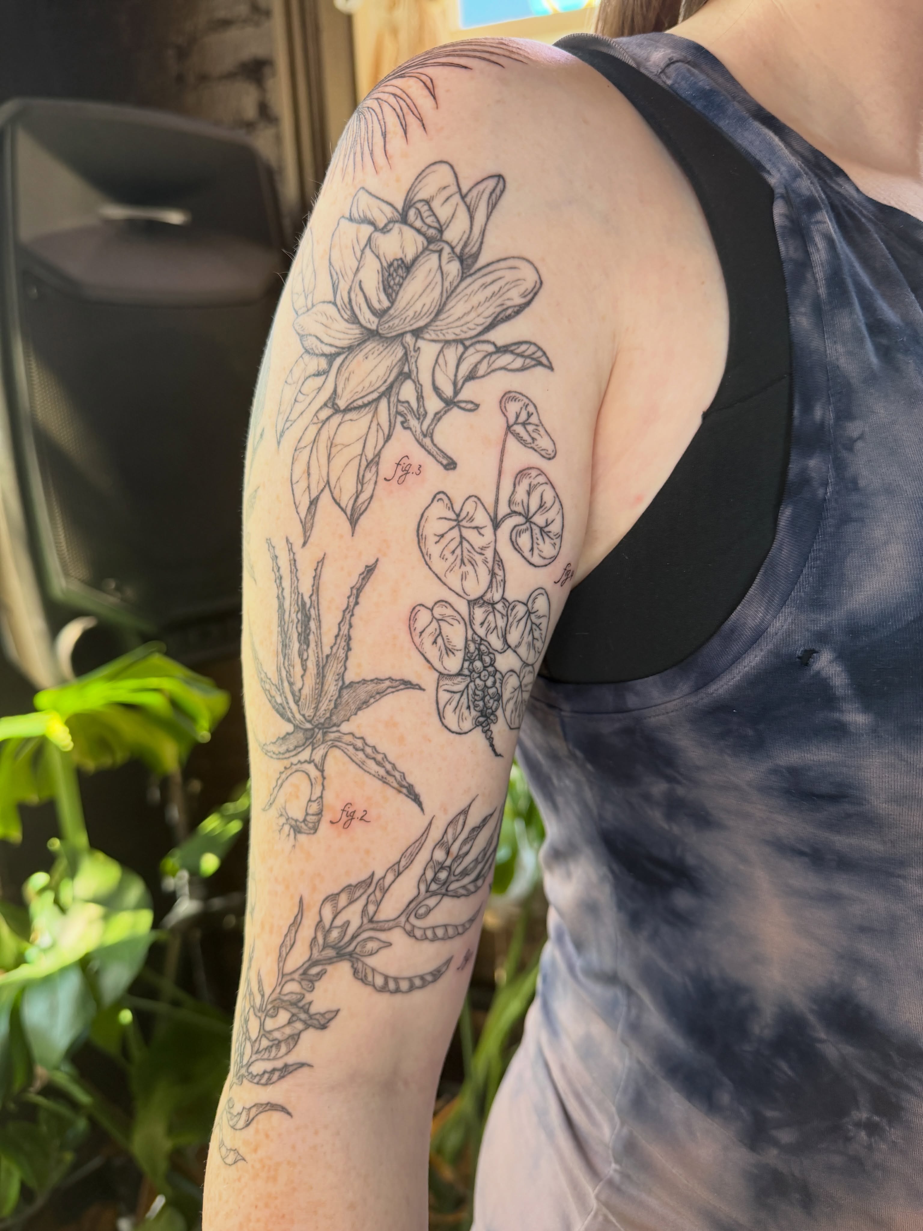 Botanical illustrations realism tattoo on the upper arm by Lora Bird
