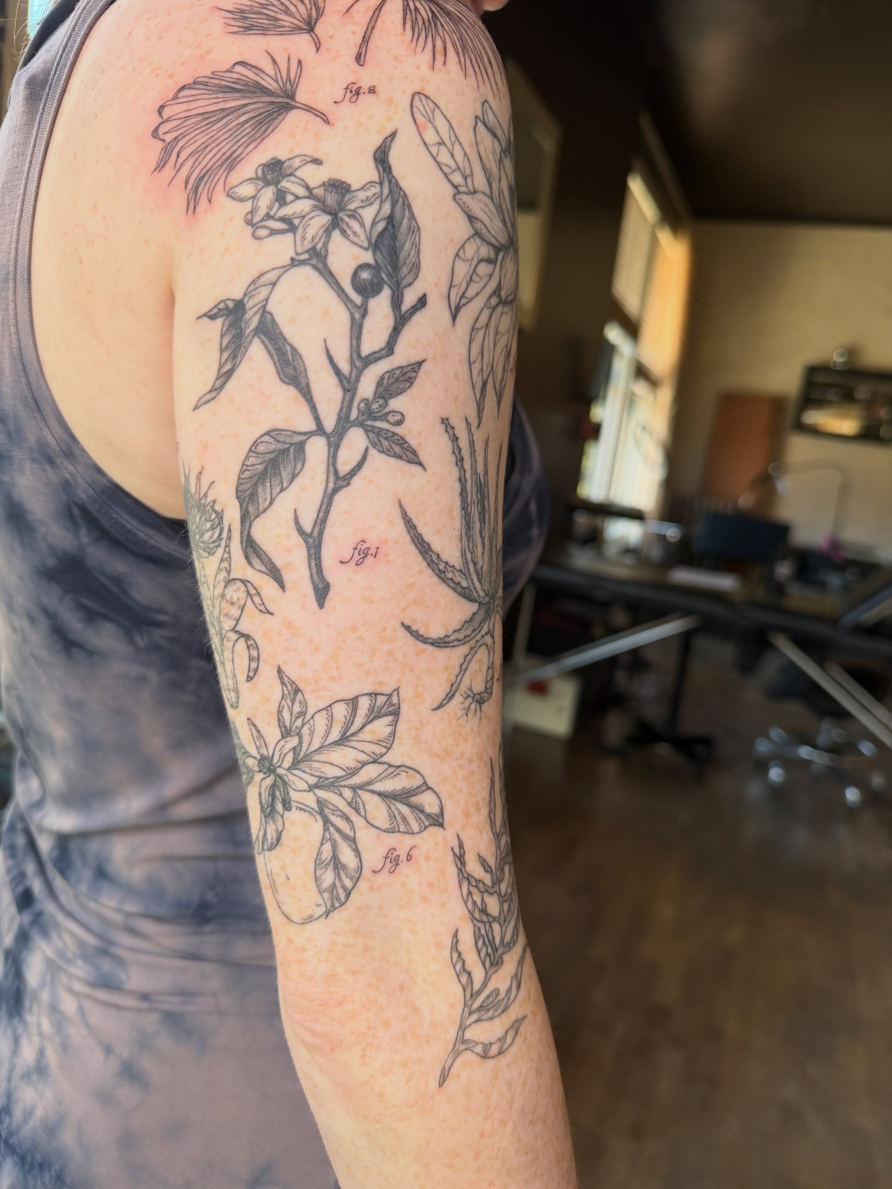 Botanical illustrations black and grey tattoo on the forearm by Lora Bird