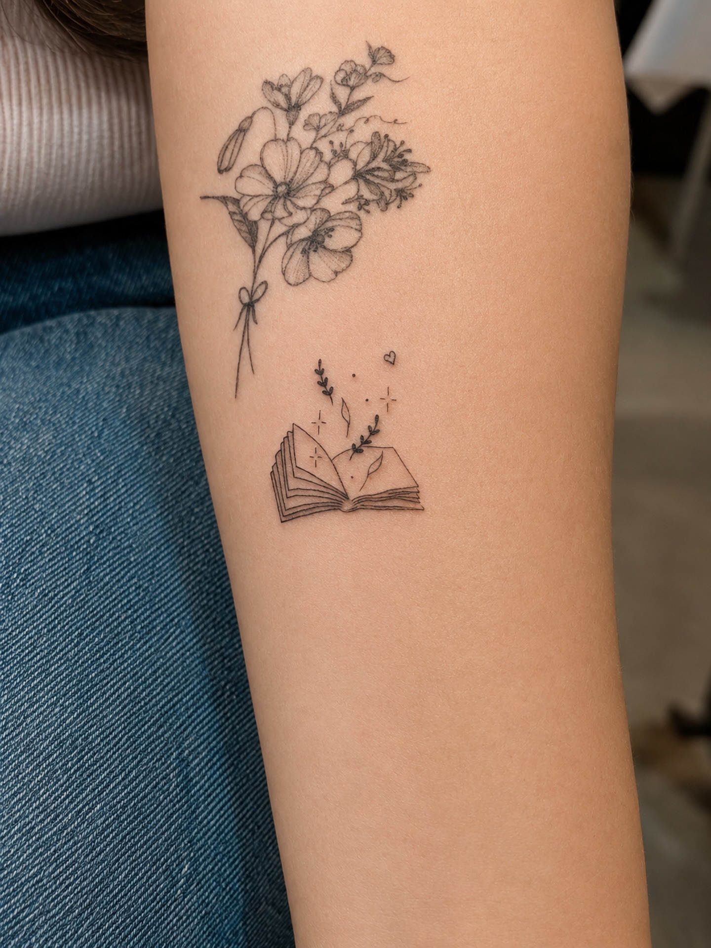 Flowers and book dotwork tattoo on the forearm by Takyro