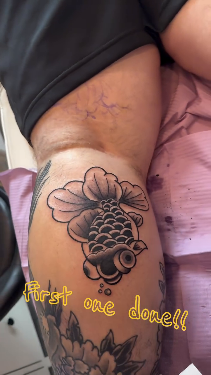 Koi fish fine line tattoo on the upper arm by 🌸Cinthia ちゃん🌹, New York, New York