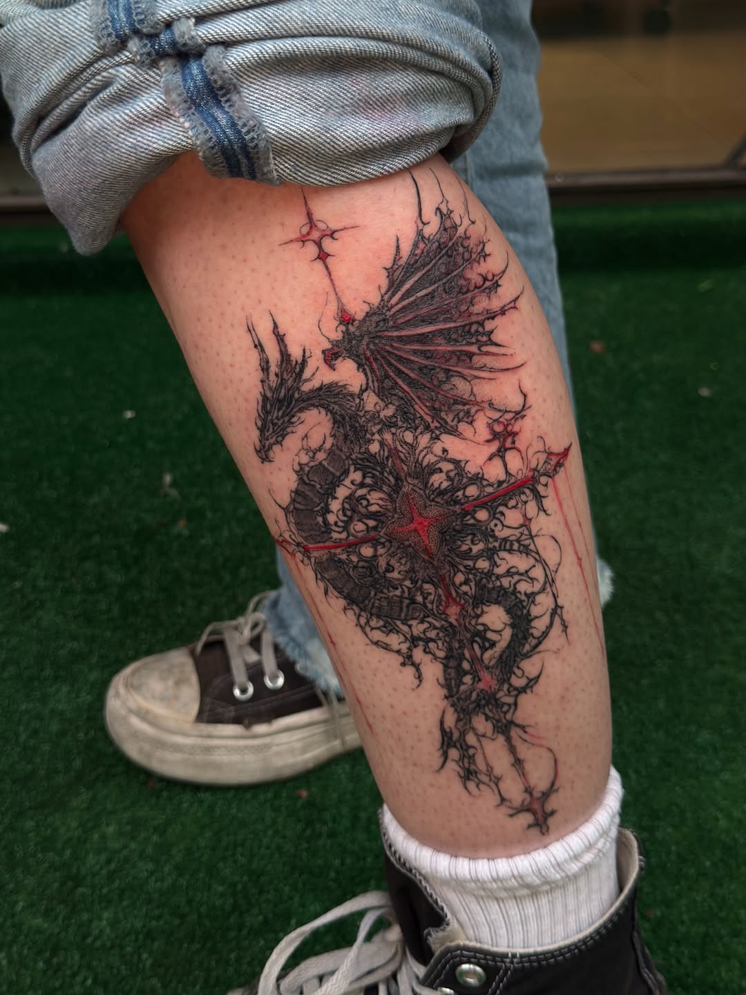 Tattoo by @relicglow_ink — dark_realism, trash_polka
