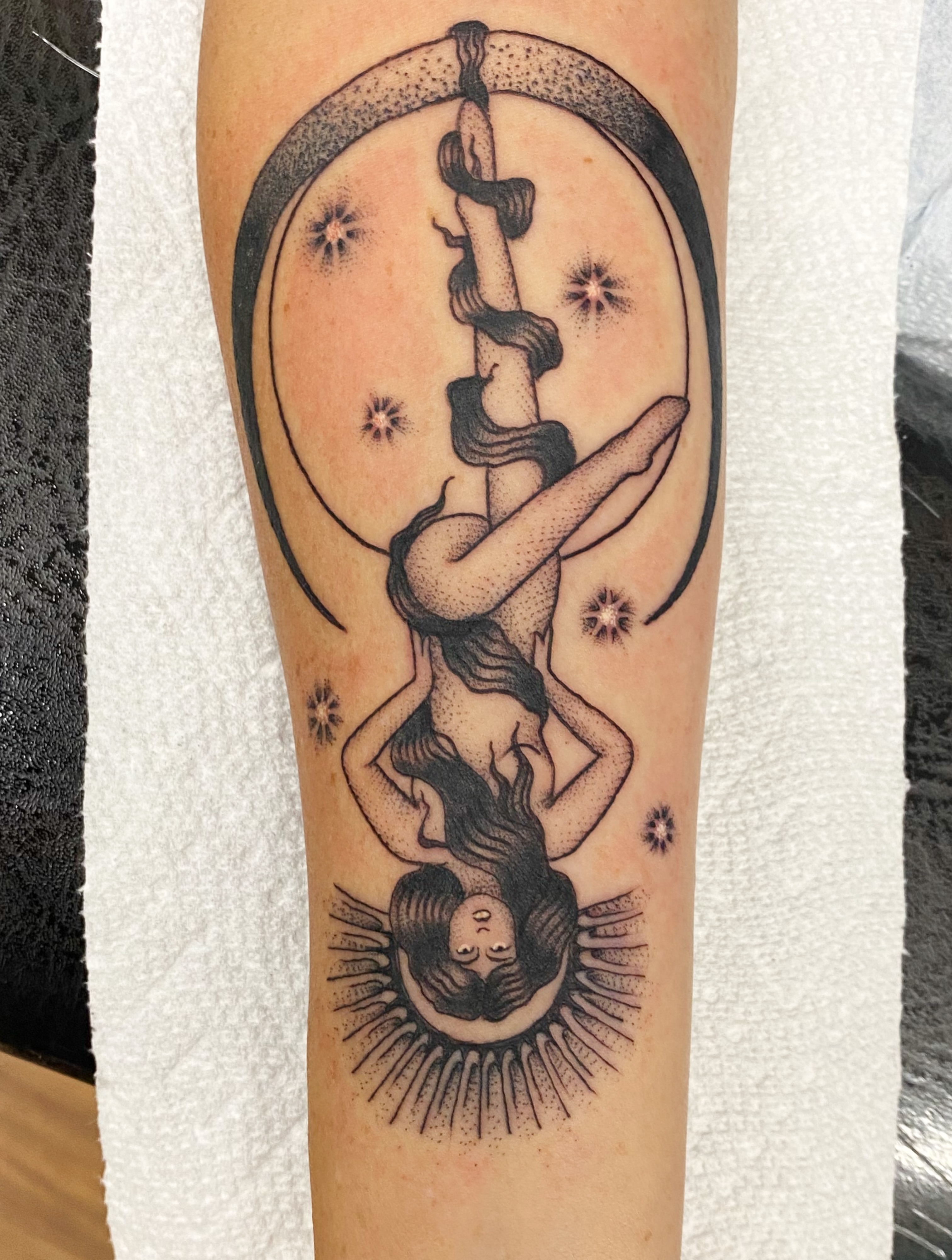 Astral woman dotwork tattoo on the forearm by JARED Boston Tattooer: Traditional, Fine, Boston, Massachusetts