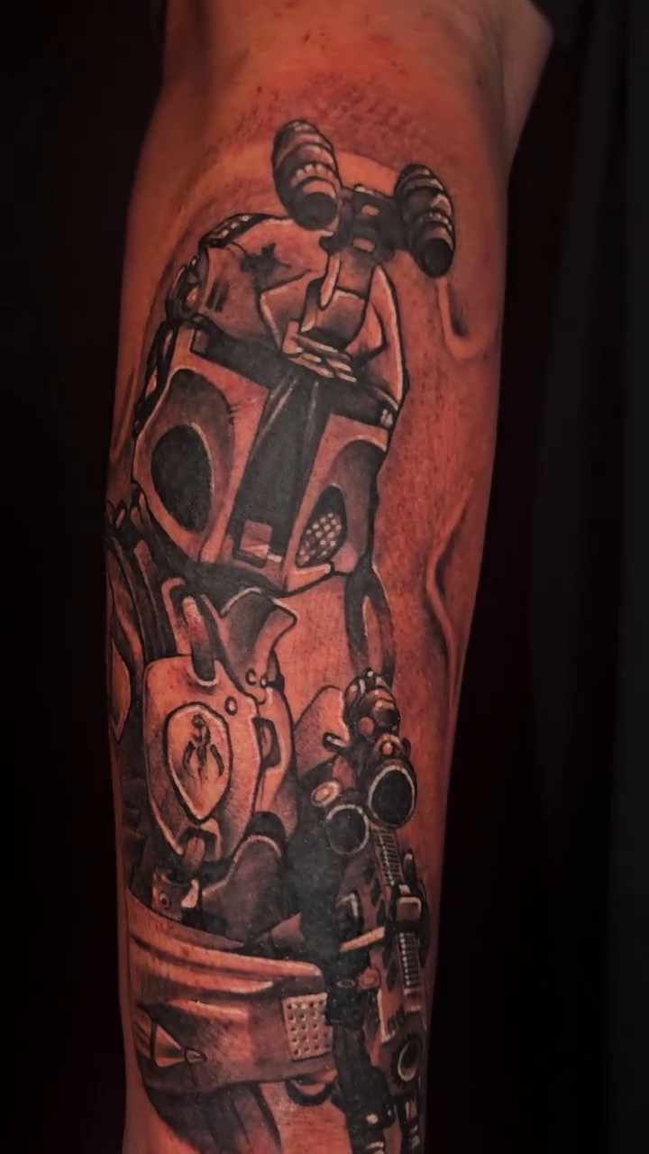 Boba Fett helmet and armor realism tattoo by Christian Mulvey