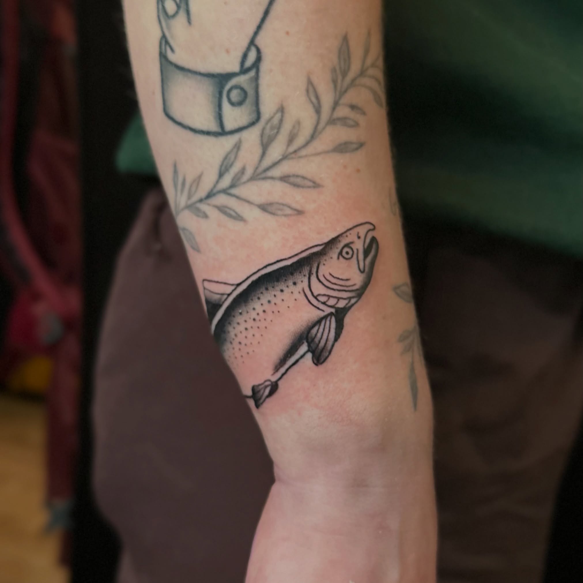 Trout black and grey tattoo on the forearm by Tyyler Santor (Tattoo Artist), Somerville, Massachusetts