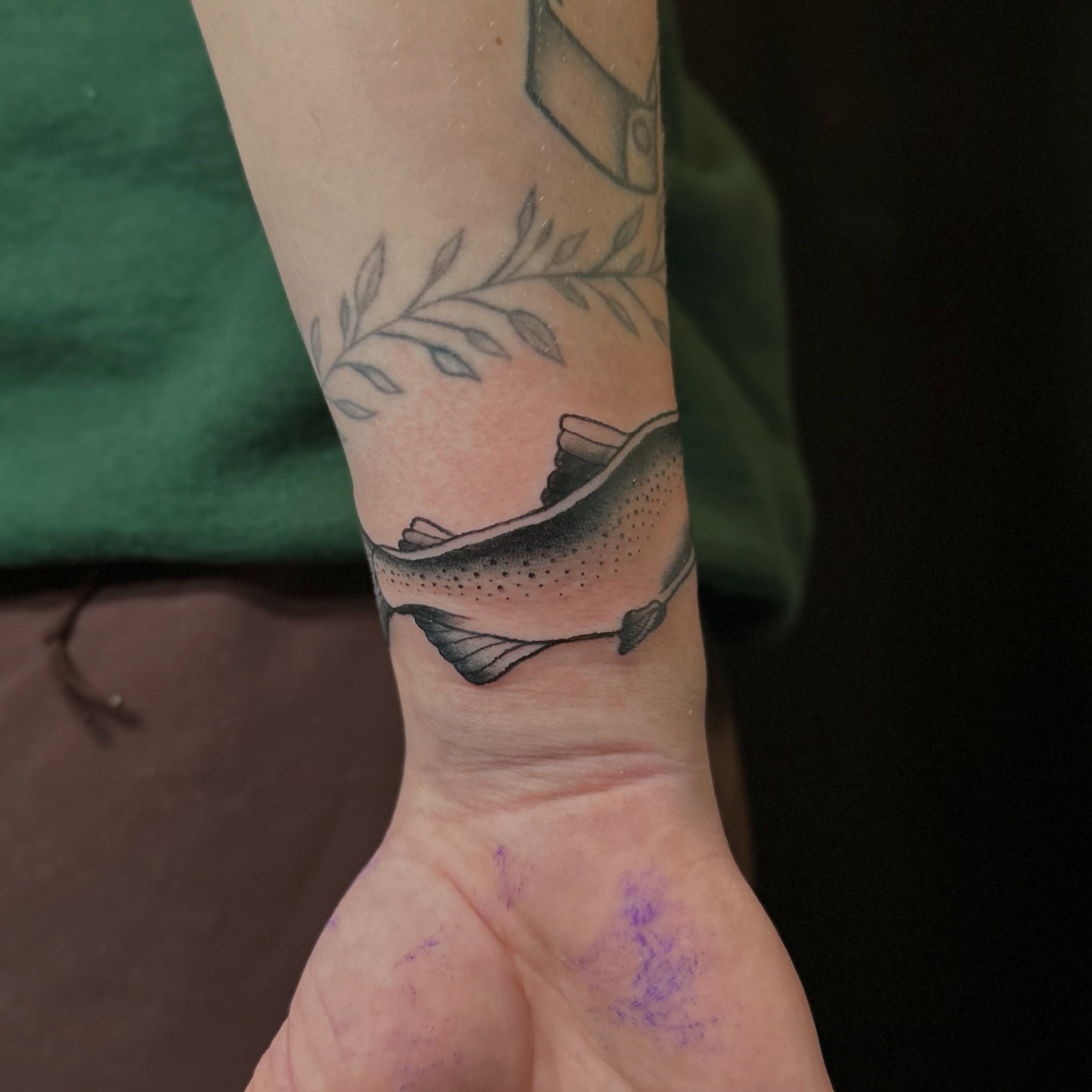 Trout dotwork tattoo on the forearm by Tyyler Santor (Tattoo Artist), Somerville, Massachusetts