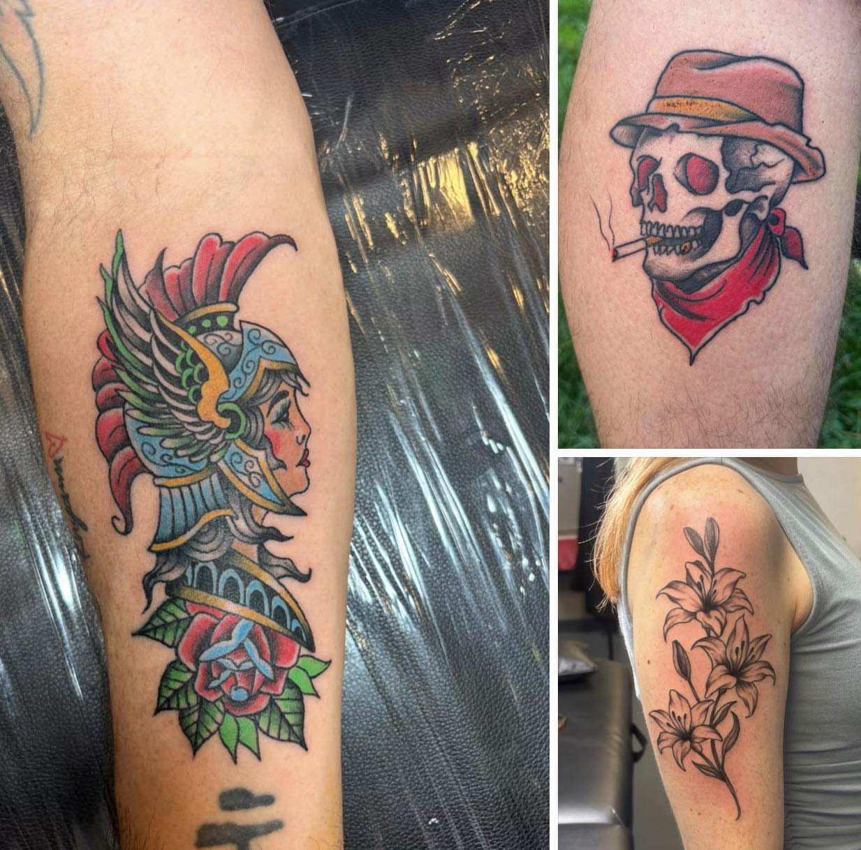 Warrior helmet and rose American traditional tattoo on the forearm by Bryon Smith