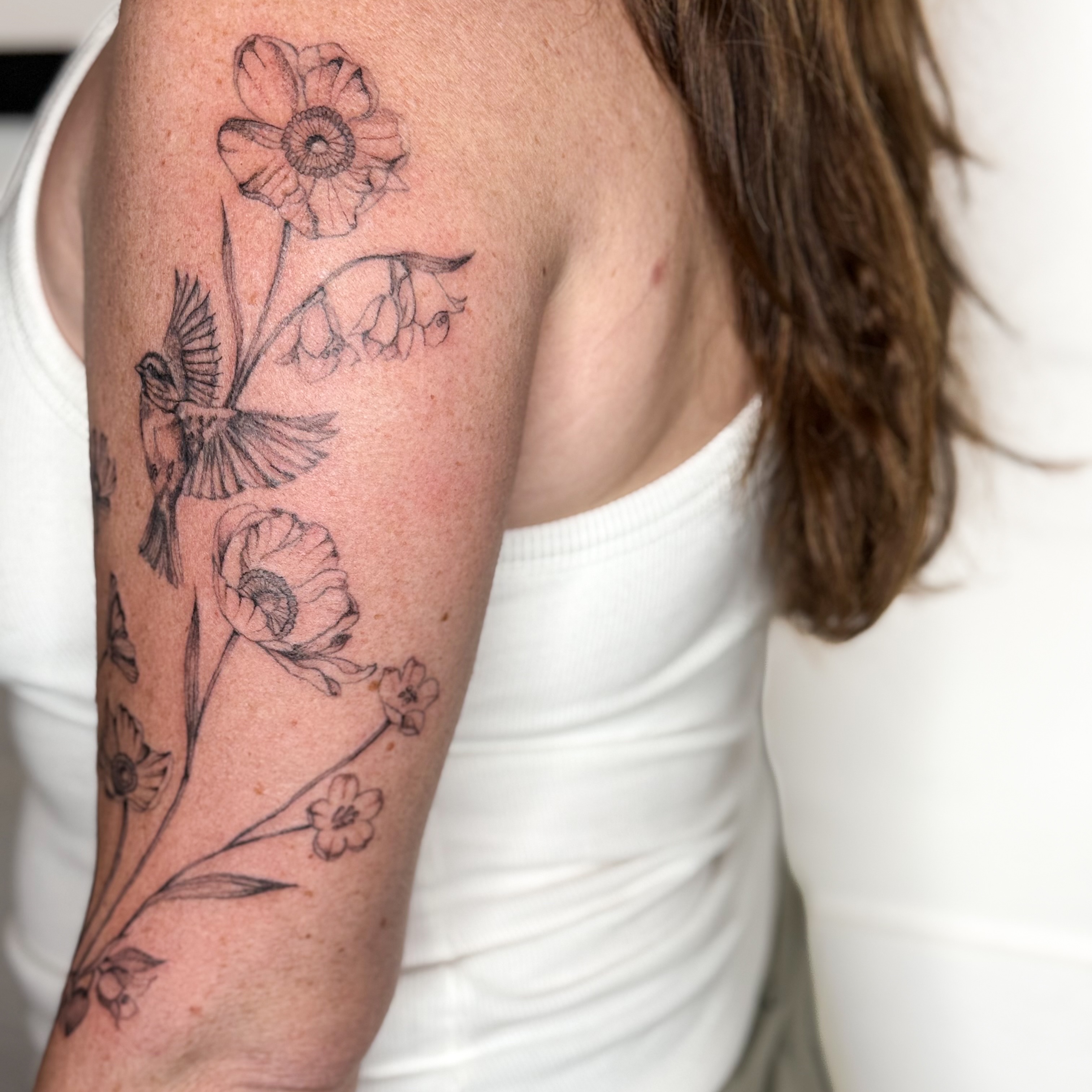Flowers and birds black and grey tattoo on the forearm by ❁ Marlo Marquise Tattoo Artist ❁