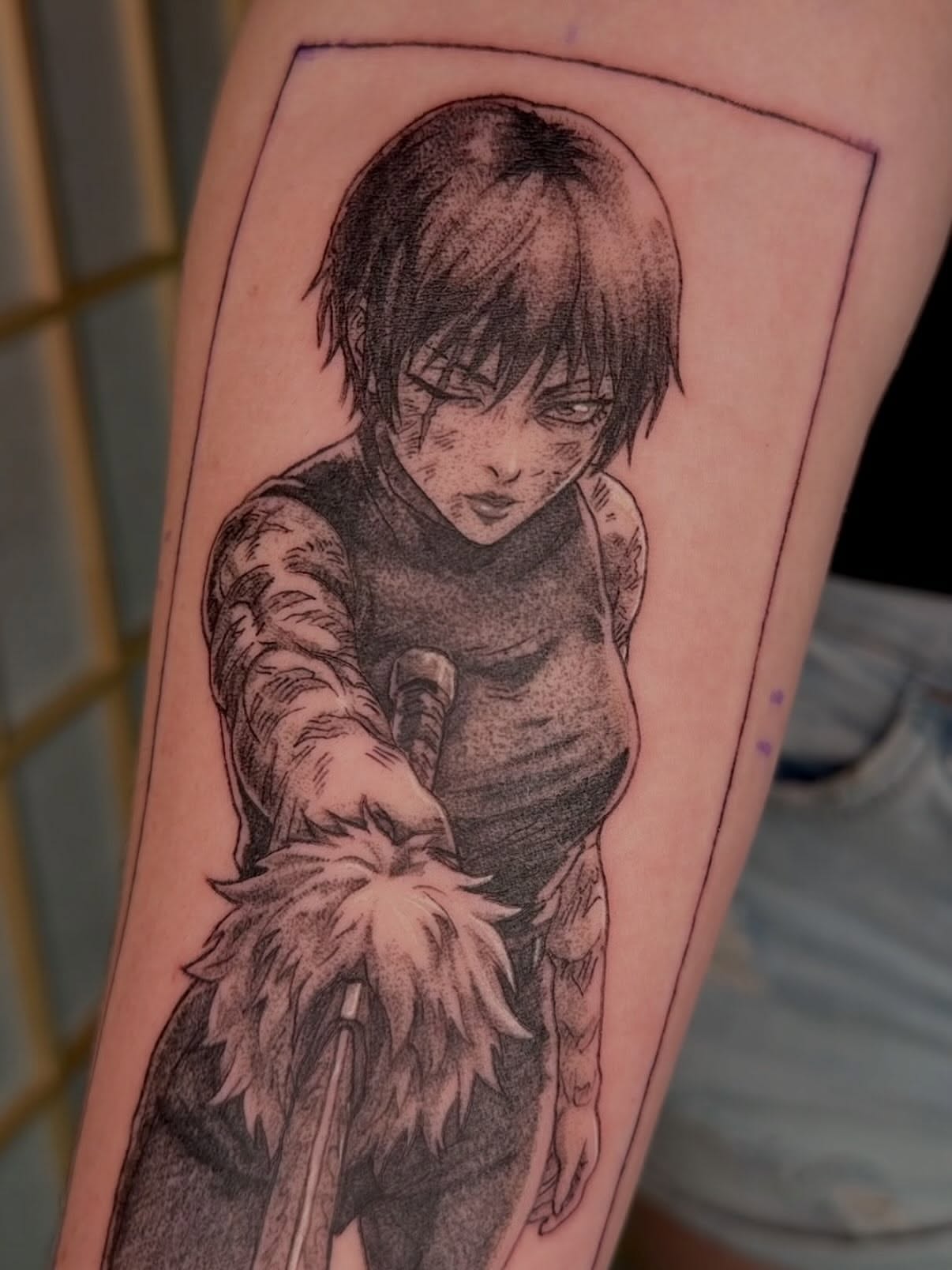 Anime character dotwork tattoo on the forearm by Tattoos by Caroline Martin🌻🐝✨