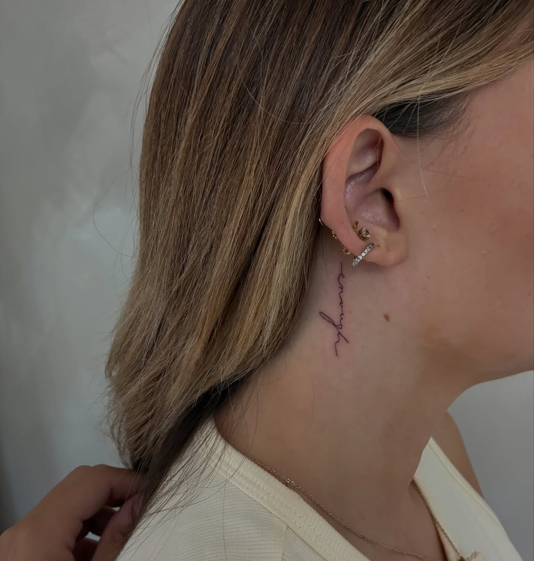 Script lettering lettering script tattoo on the neck by Lexie Decker, Canton, Ohio