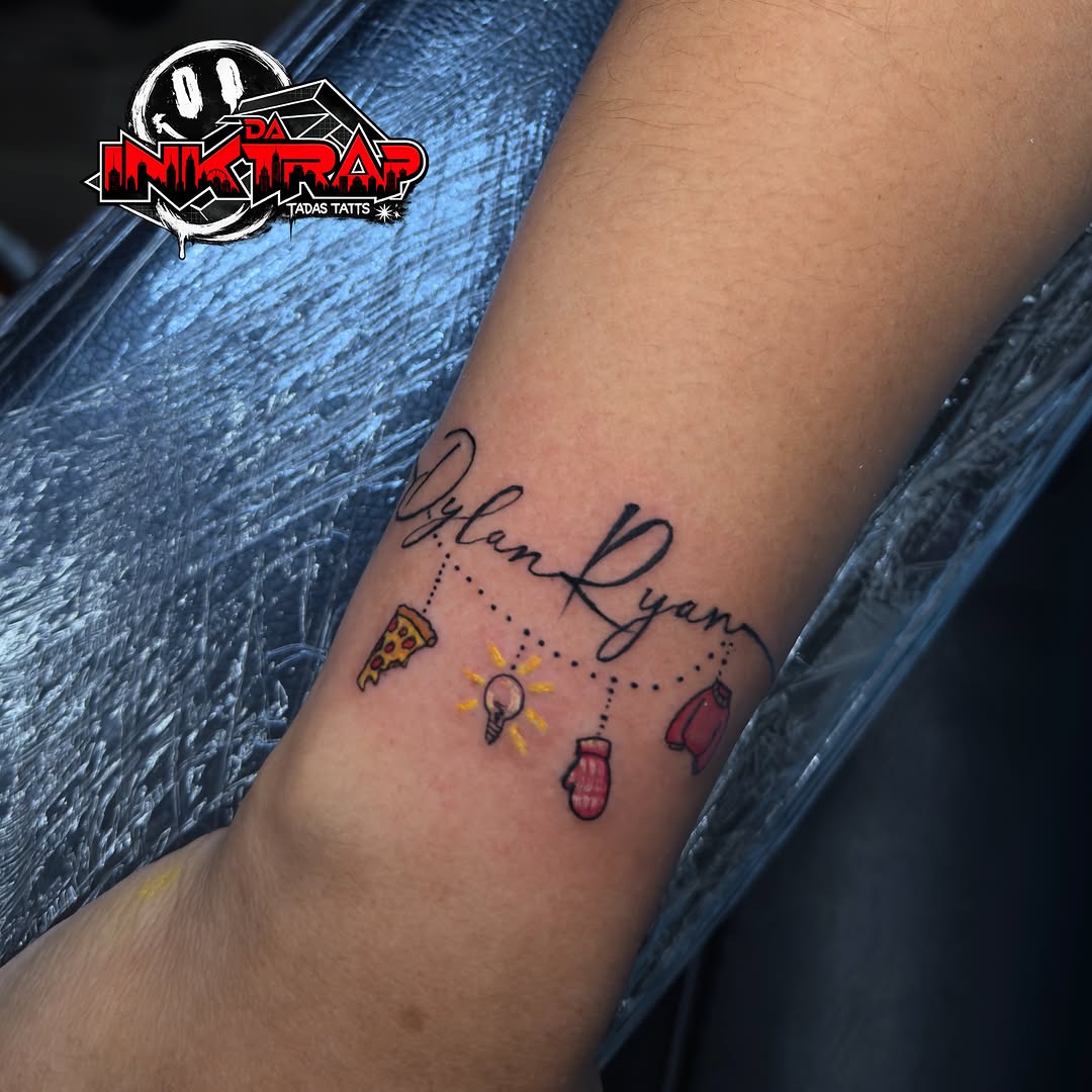 Names and icons dotwork tattoo on the forearm by thee Magician🧞♀️, Atlanta, Georgia