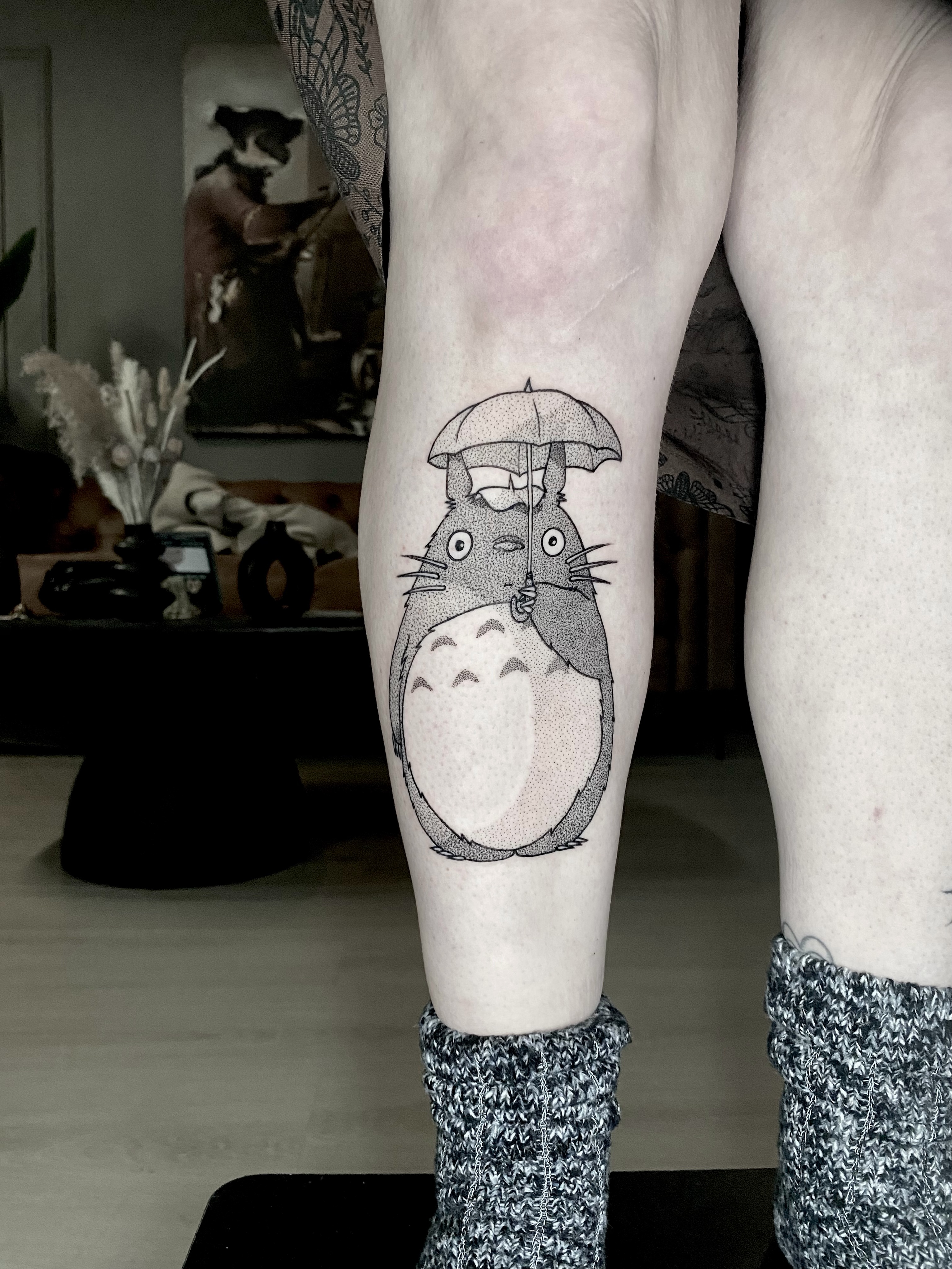 Totoro dotwork tattoo on the leg by Rowan Starr