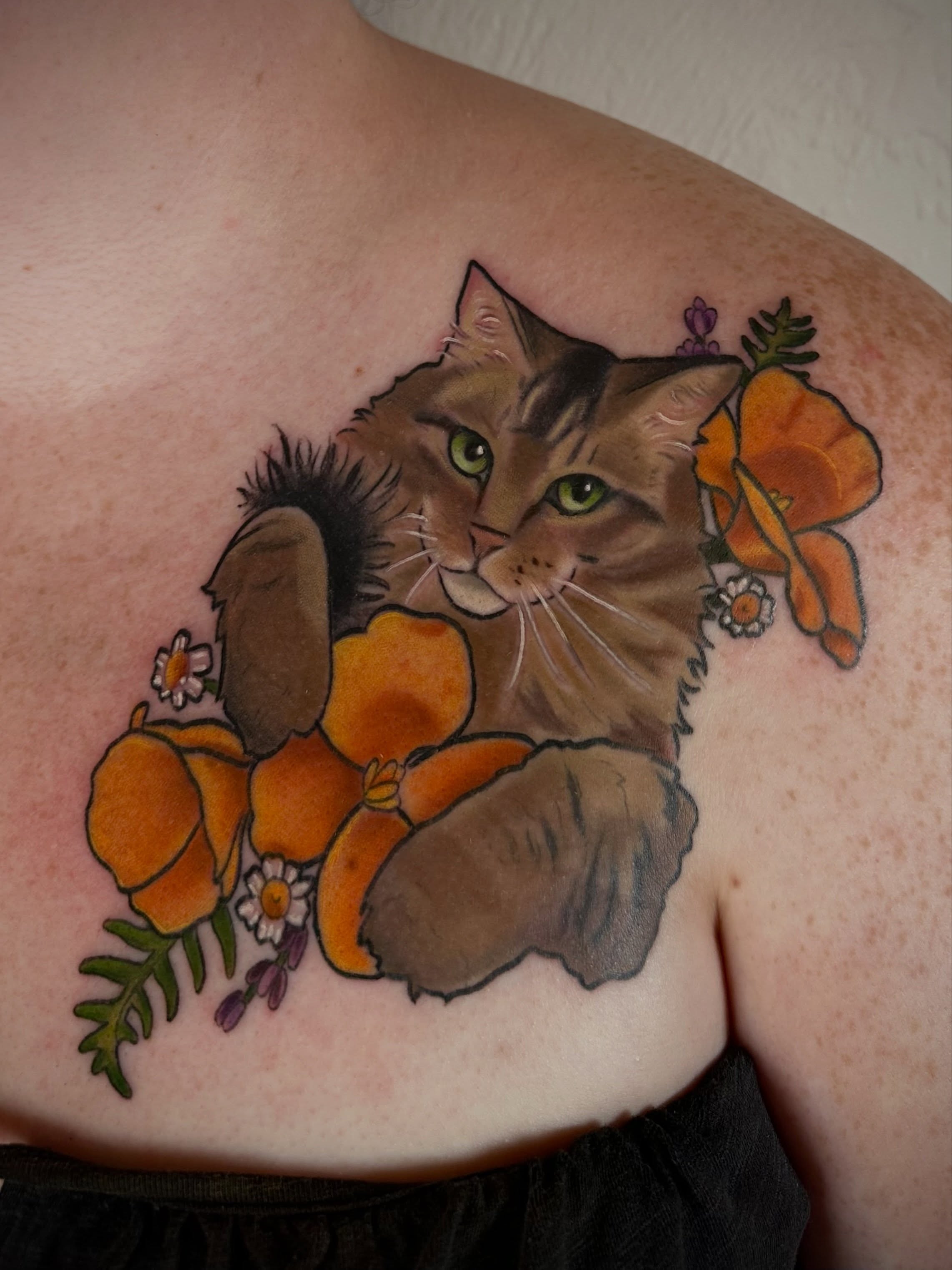 Cat and flowers realism tattoo on the shoulder by ✨Sarah Knapp✨, Eugene, Oregon