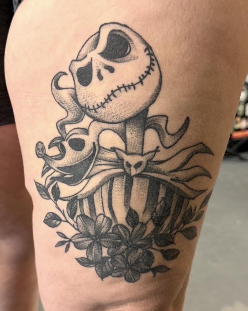 Jack Skellington dotwork tattoo on the thigh by Bryon Smith